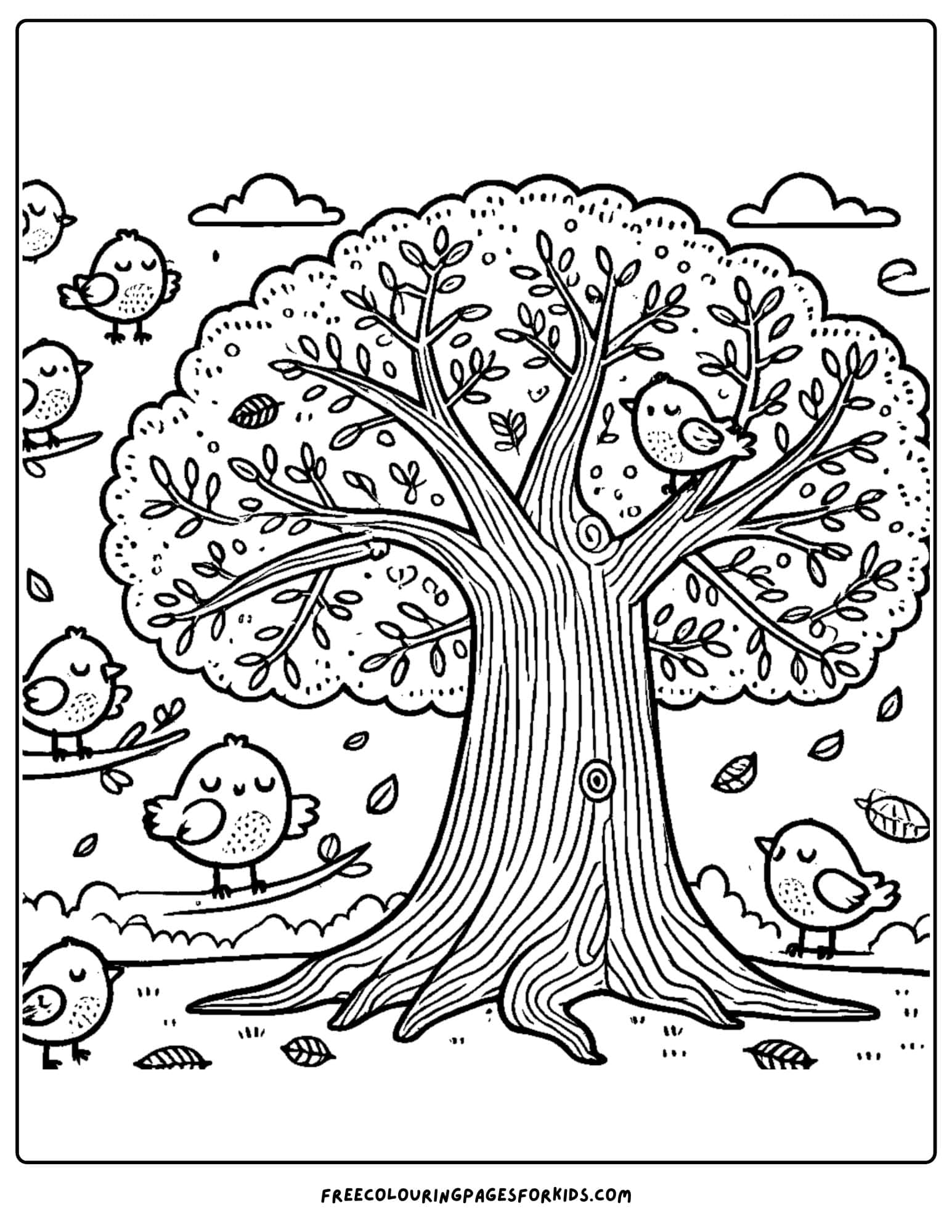 tree in the garden with birds in it coloring page