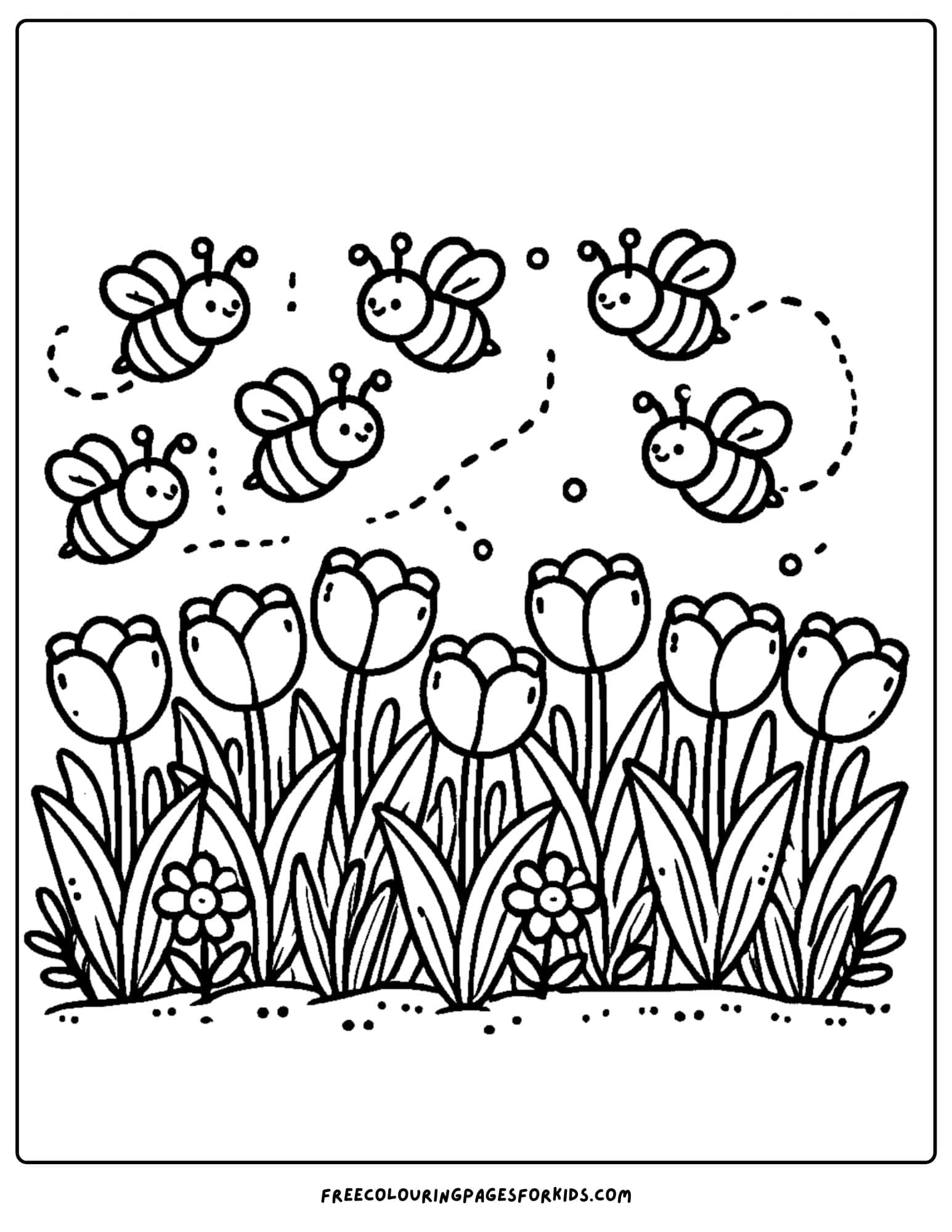 bees flying over a garden of tulips coloring page