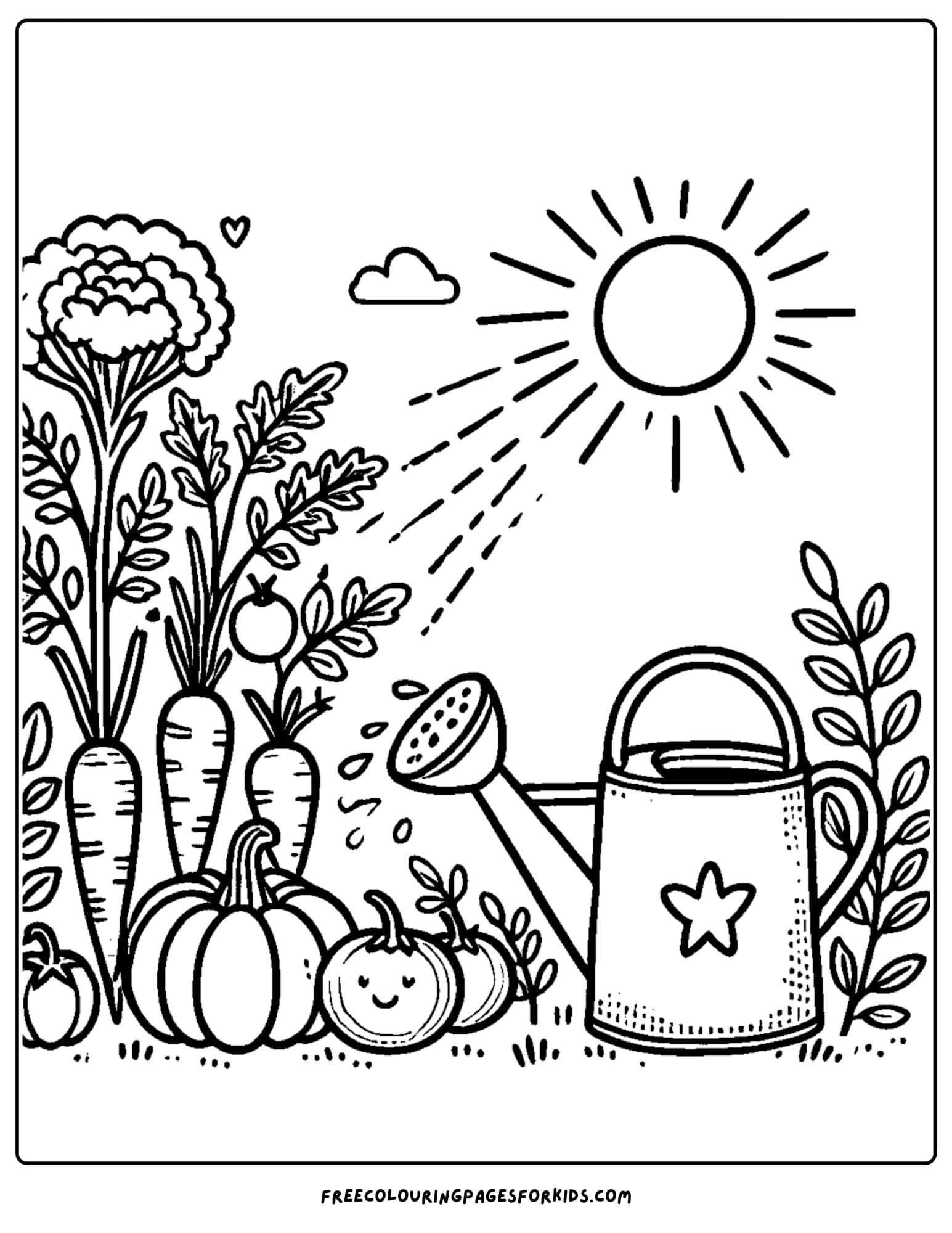 garden vegetables and a watering can coloring page