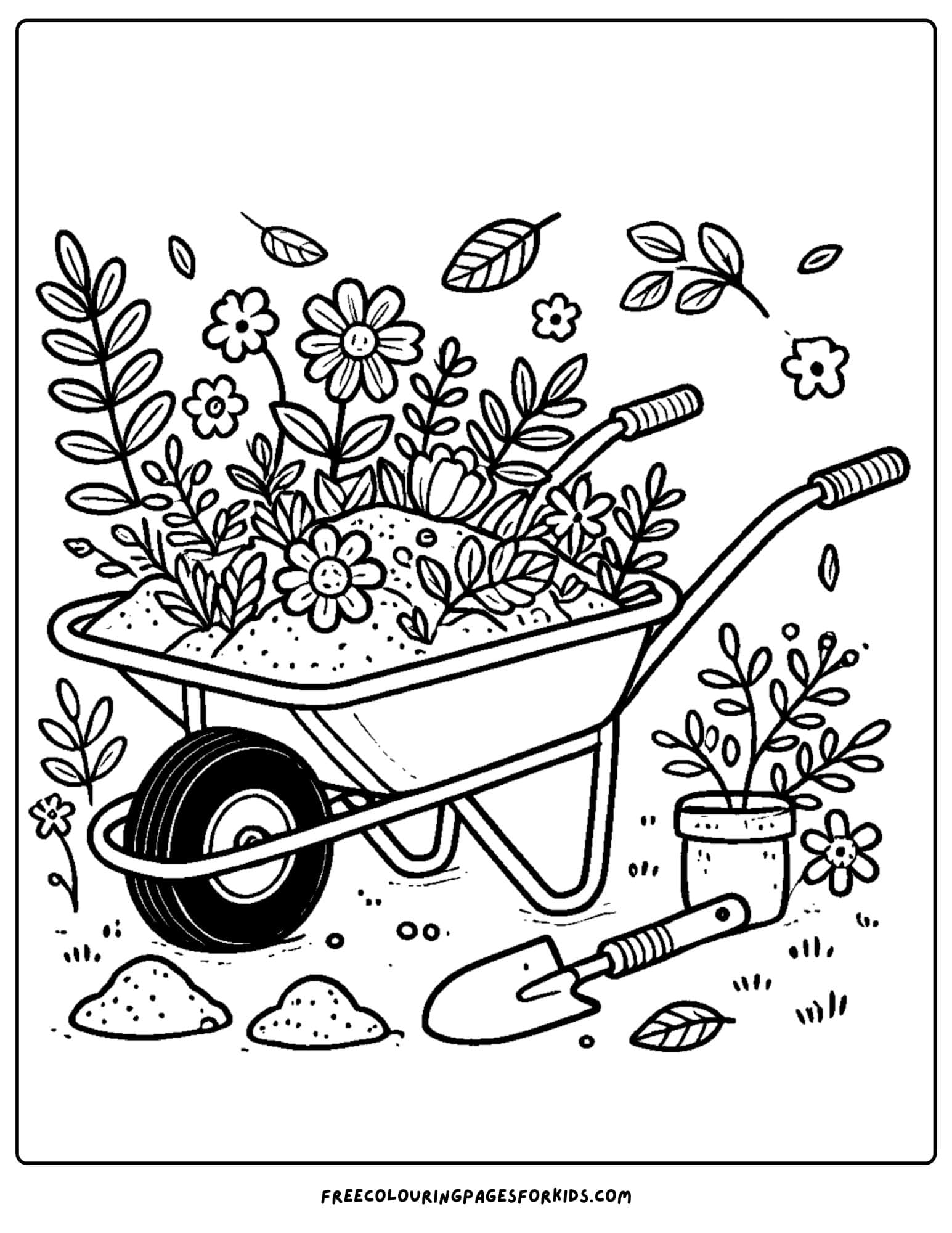 garden wheelbarrow with plants growing in it coloring page