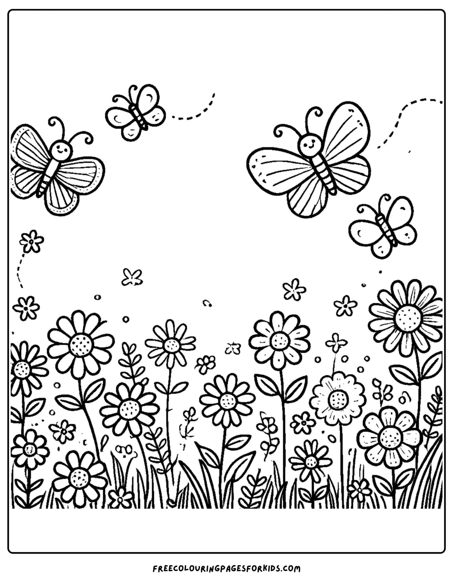 wildflowers growing with butterflies flying above coloring page