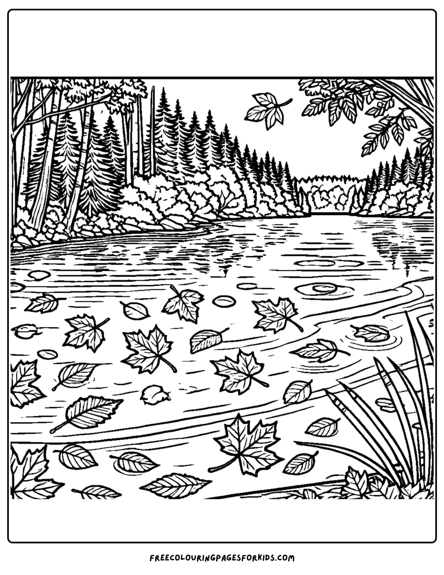 autumn fall leaves at the lake coloring page