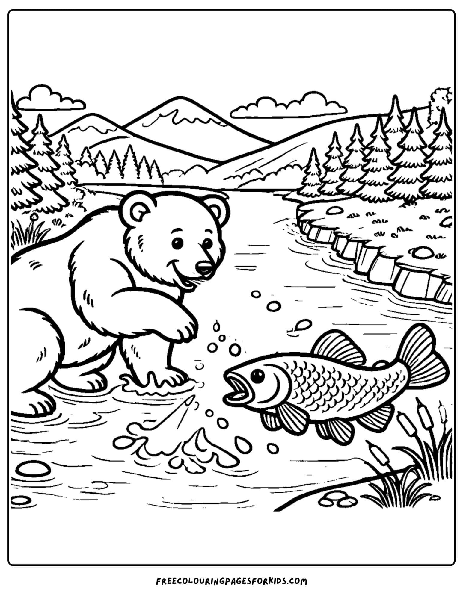 a bear catching fish in the lake coloring page