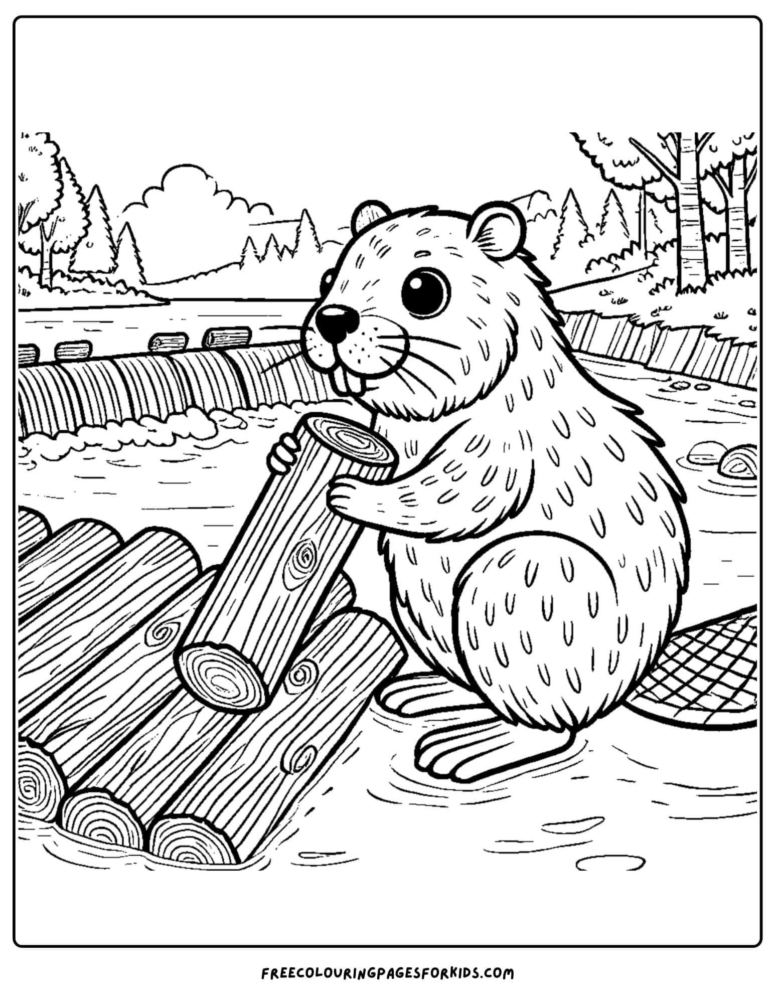 beaver building a dam on the lake coloring page