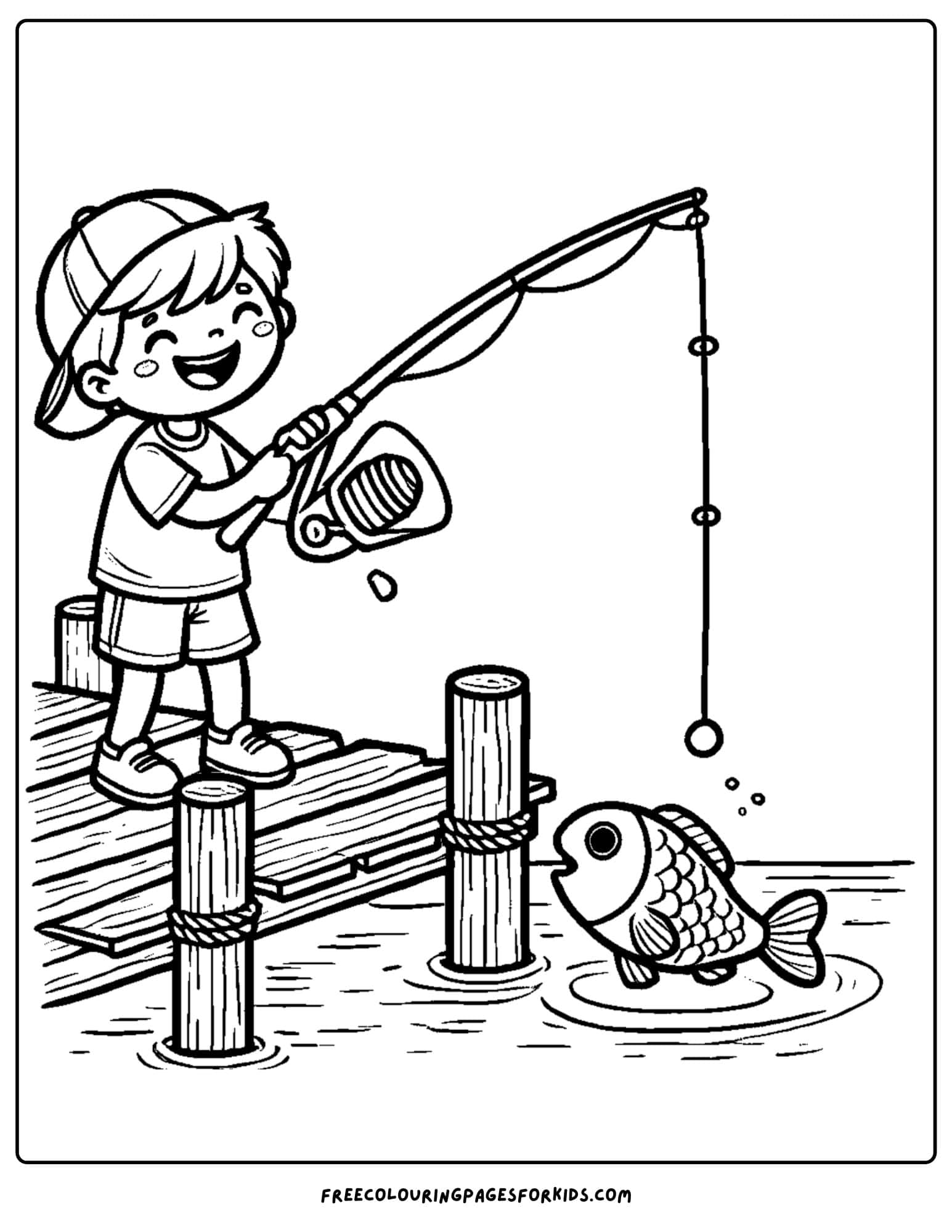 a child fishing at the lake coloring page