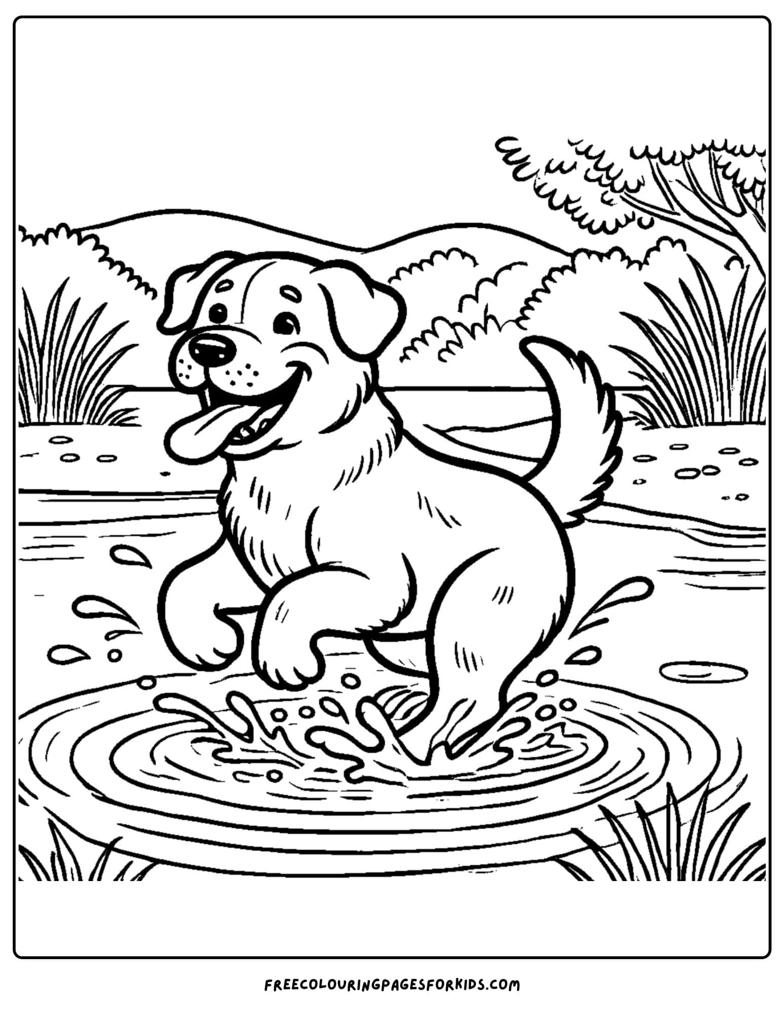 a dog splashing in the lake coloring page