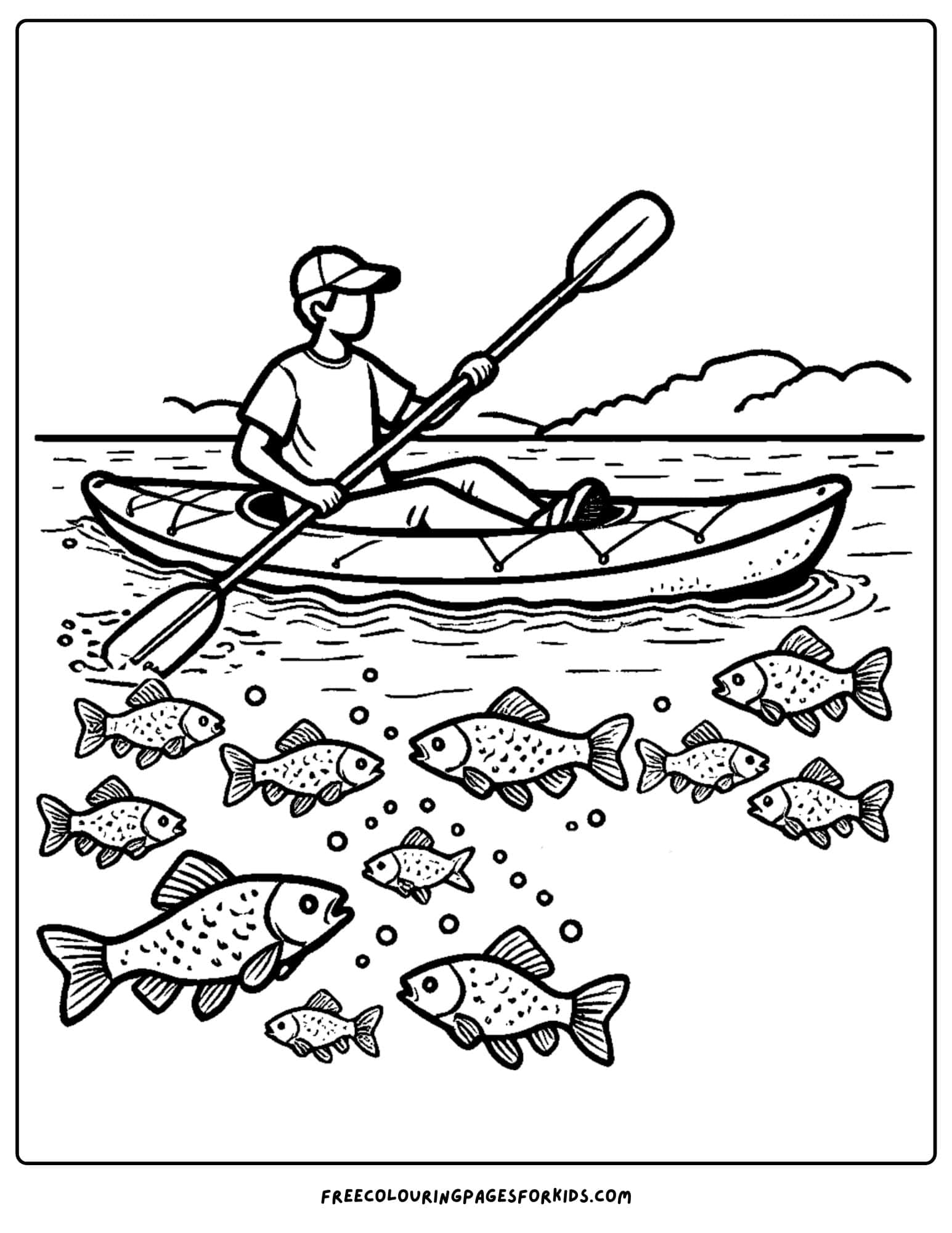 kayaking on the lake with fish below you coloring page