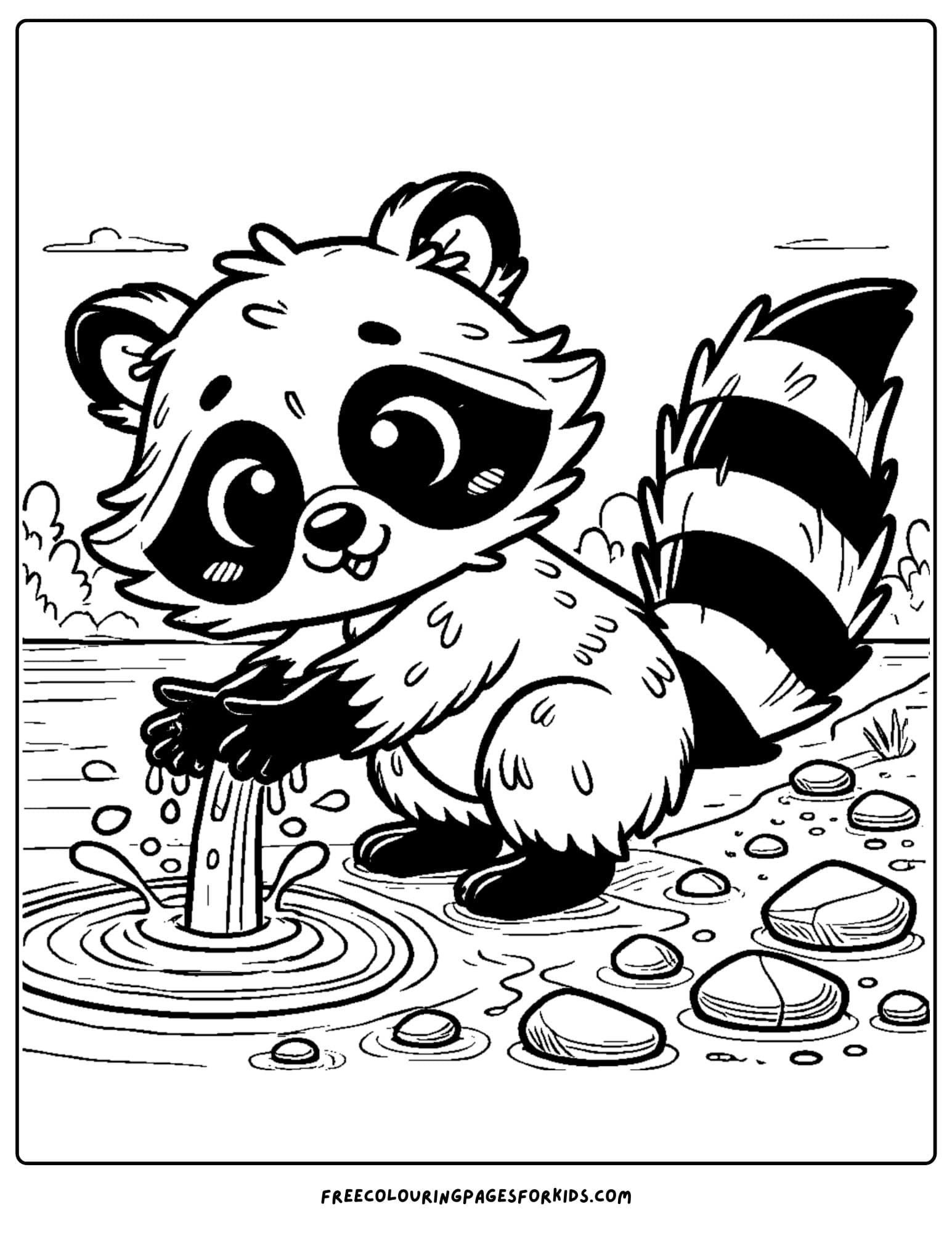 raccoon washing it hands in the lake coloring page