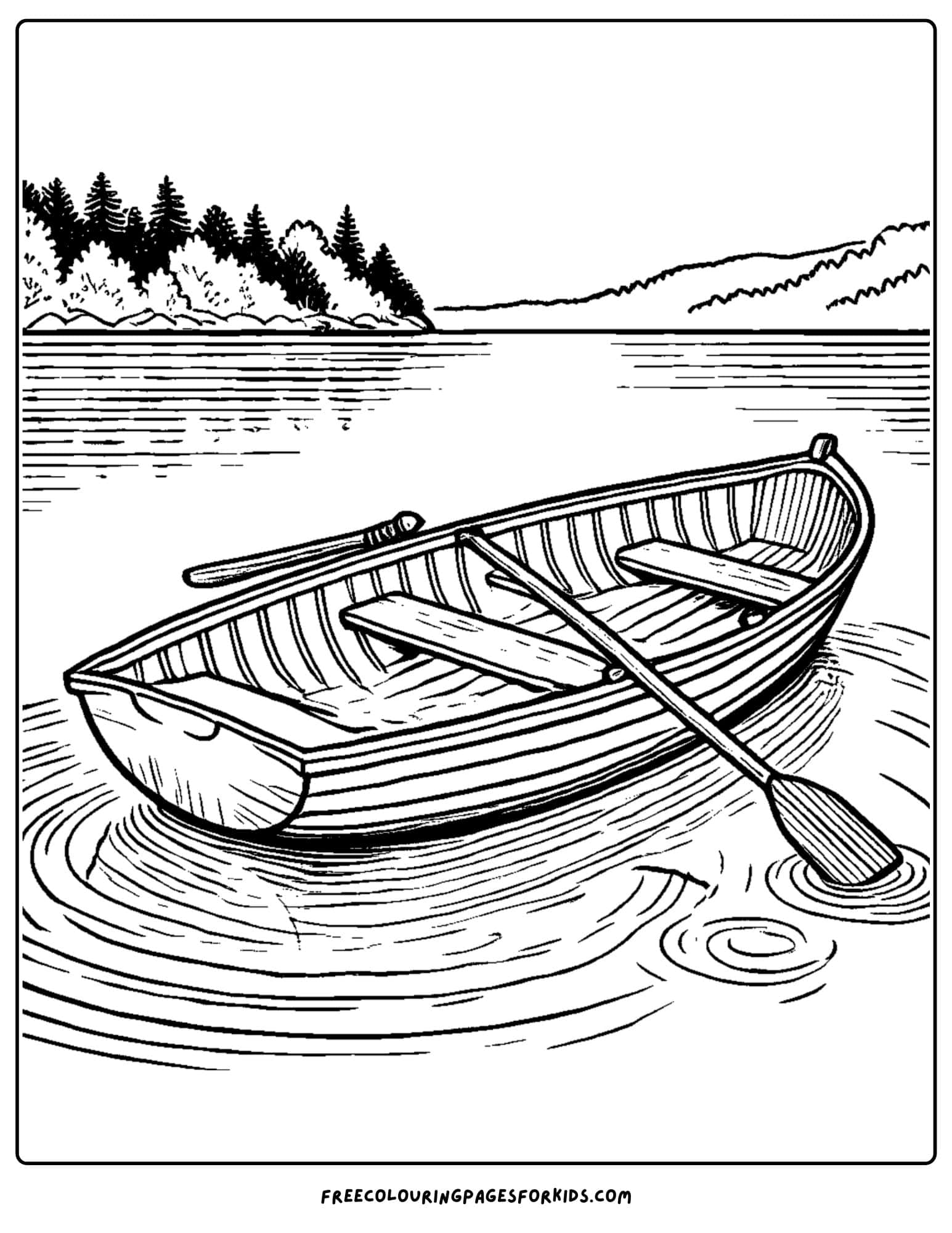 a boat floating on a lake coloring page