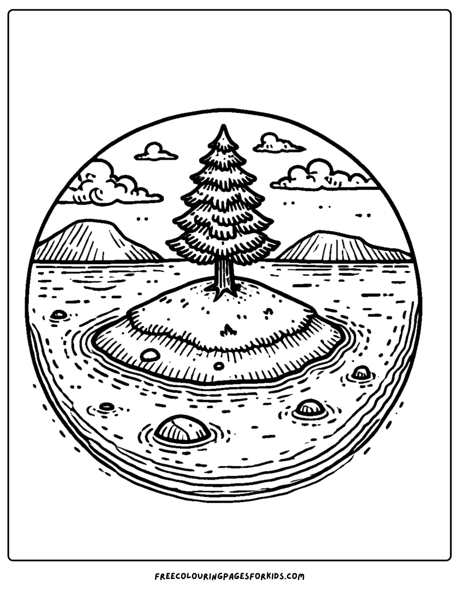 a small island with a tree at the lake coloring page