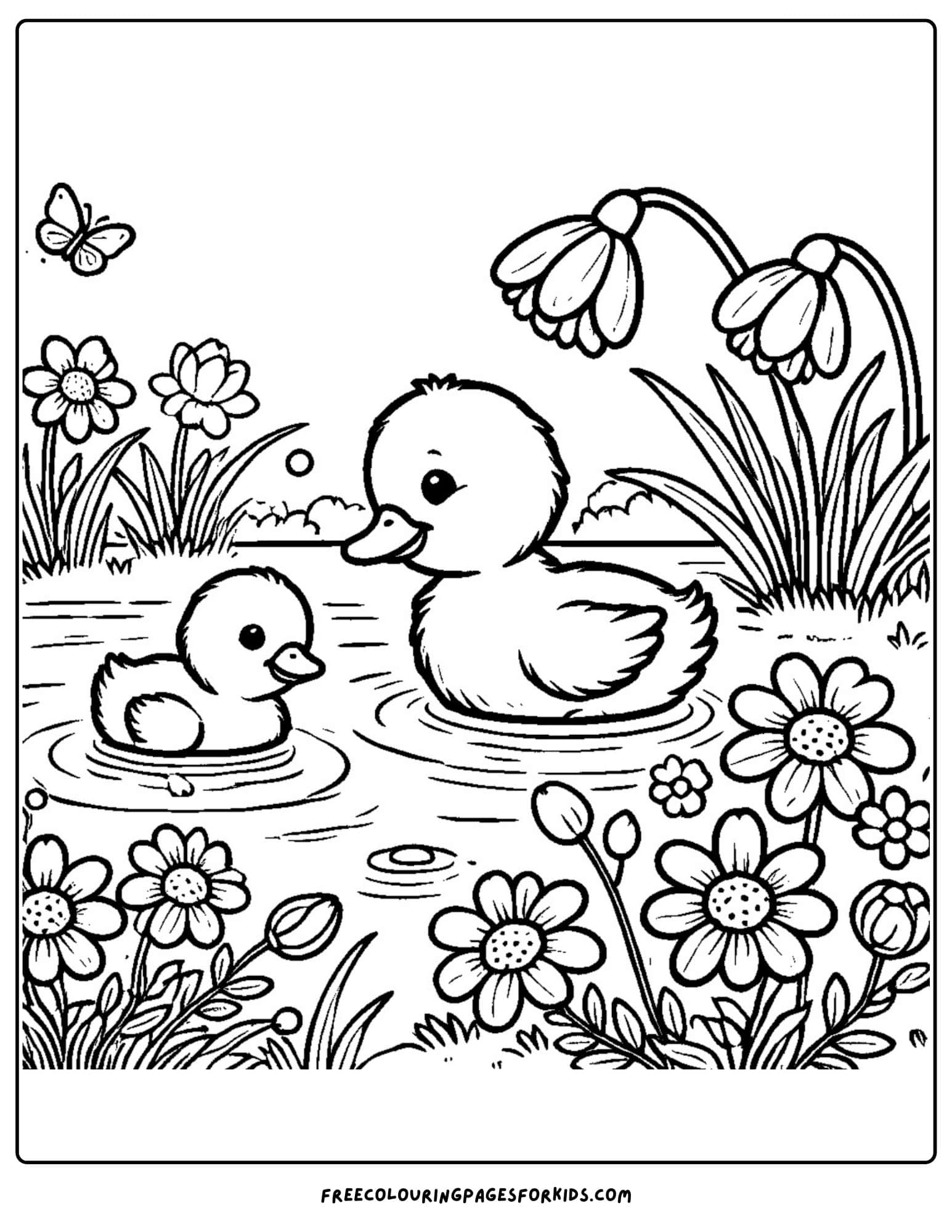 spring ducks in the water coloring page