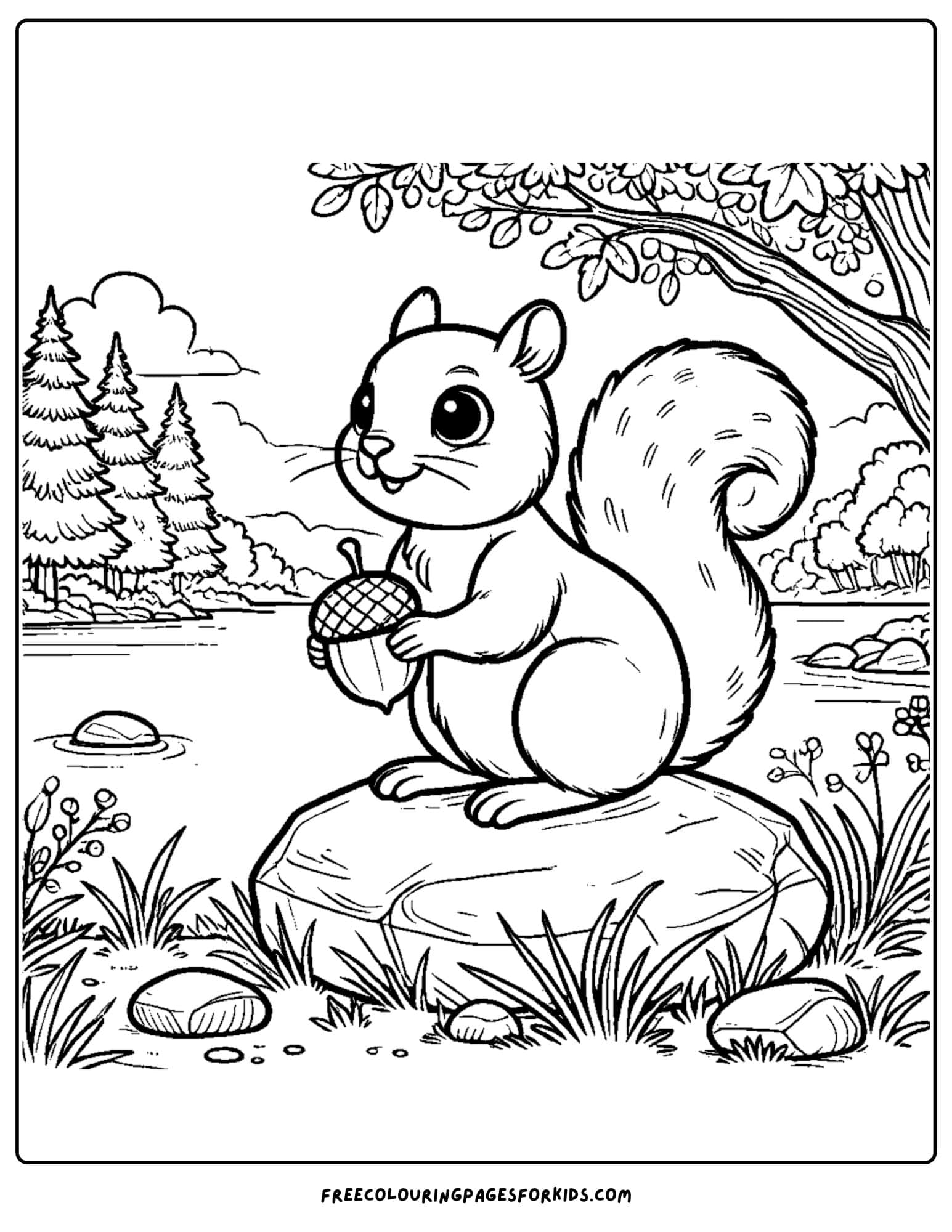 a squirrel by the lake coloring page