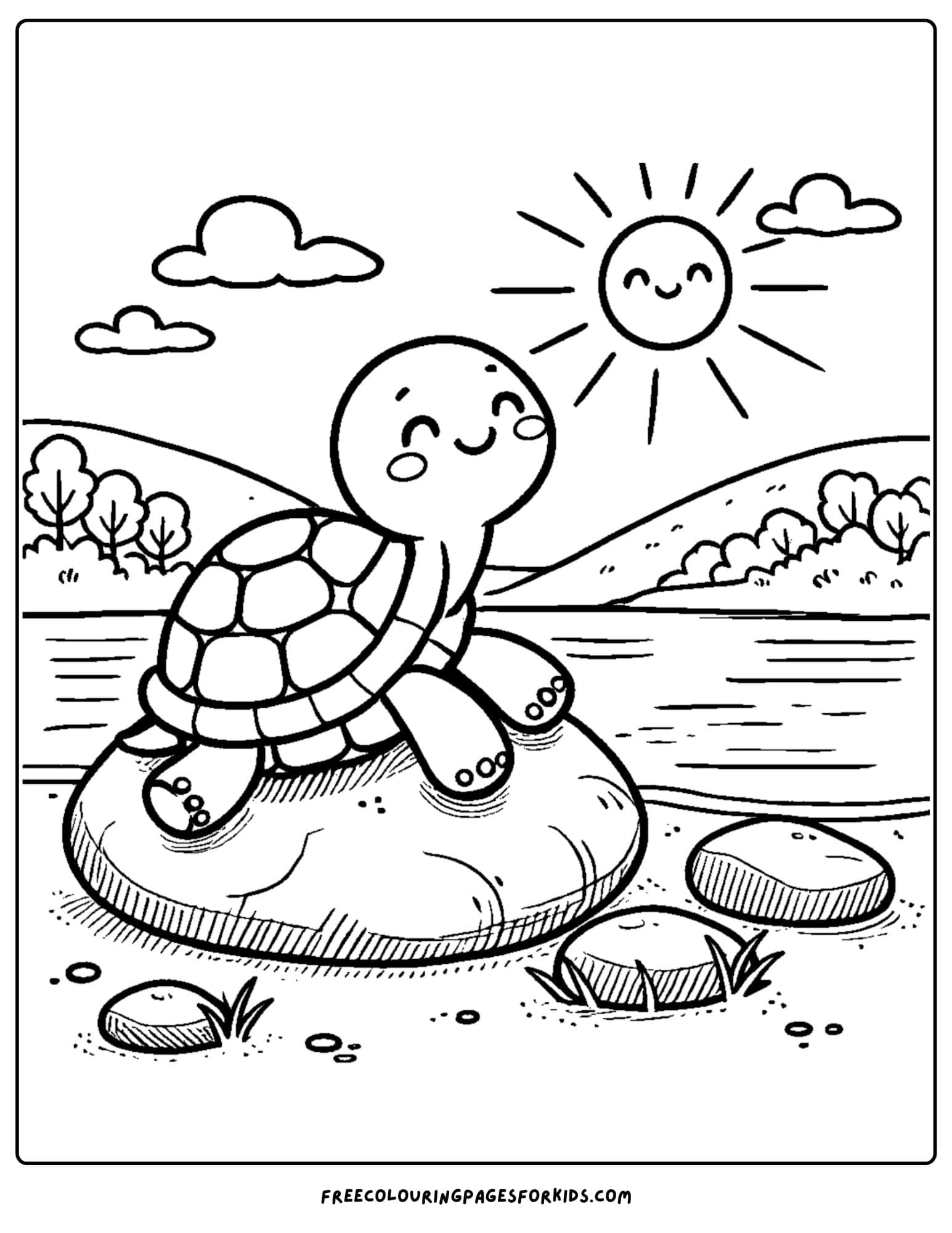 a turtle sun baking next to a lake coloring page