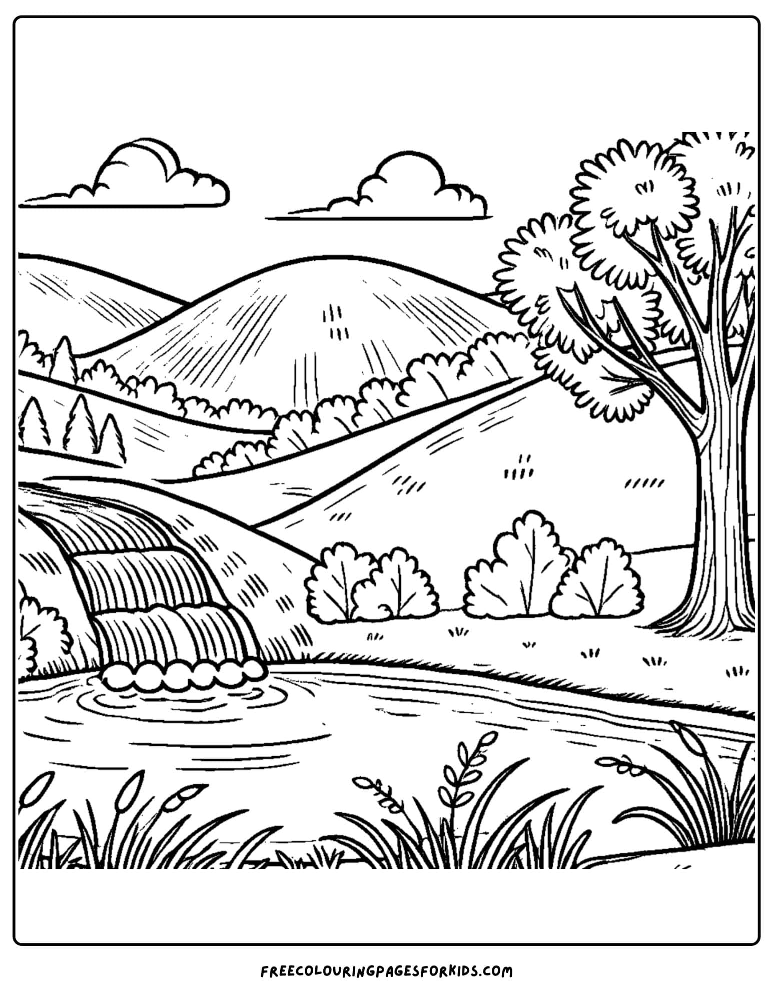 a waterfall and rolling hillsa round a lake coloring page