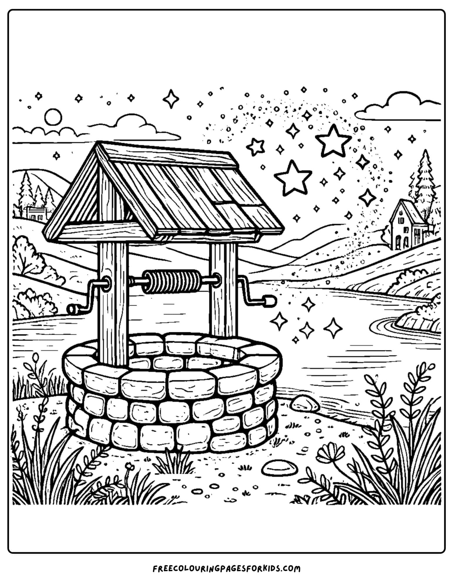 lake with a wishing well beside it coloring page