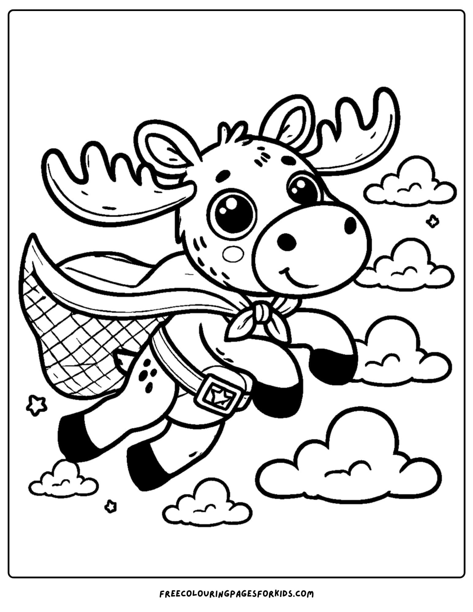 coloring page of a moose dressed as a super hero with a cape