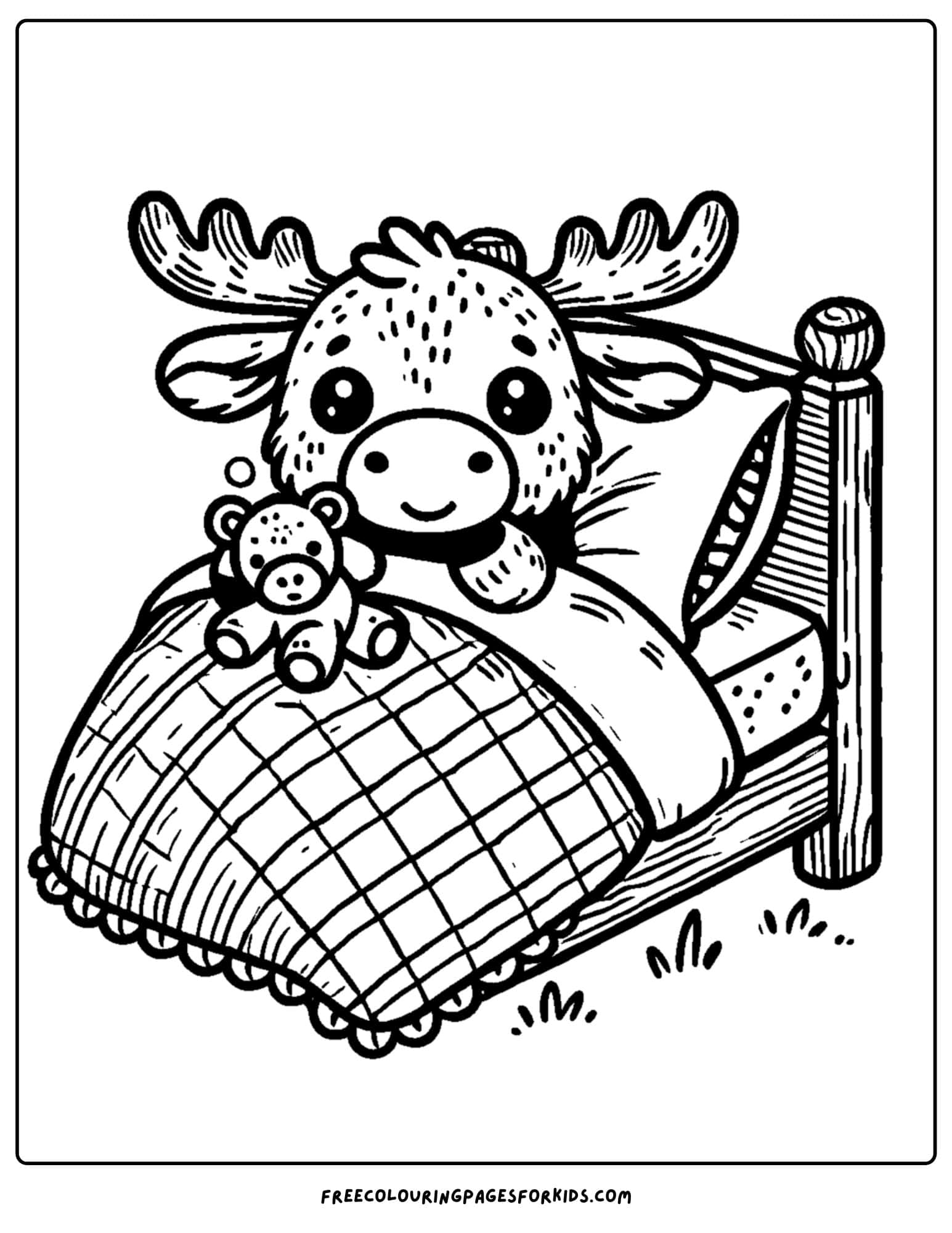 coloring page of a moose tucked up in bed at night time