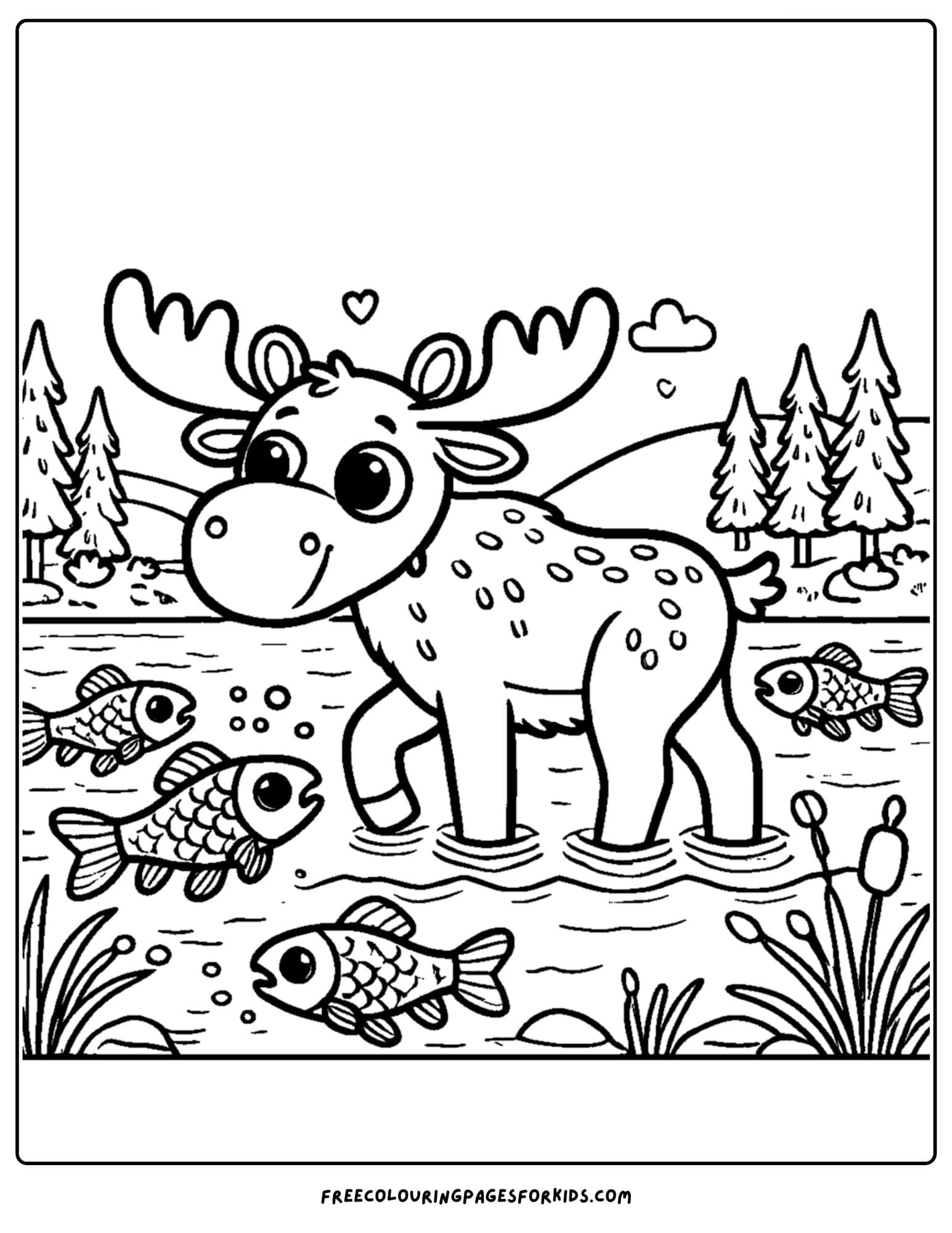 coloring page of a moose standing in a river