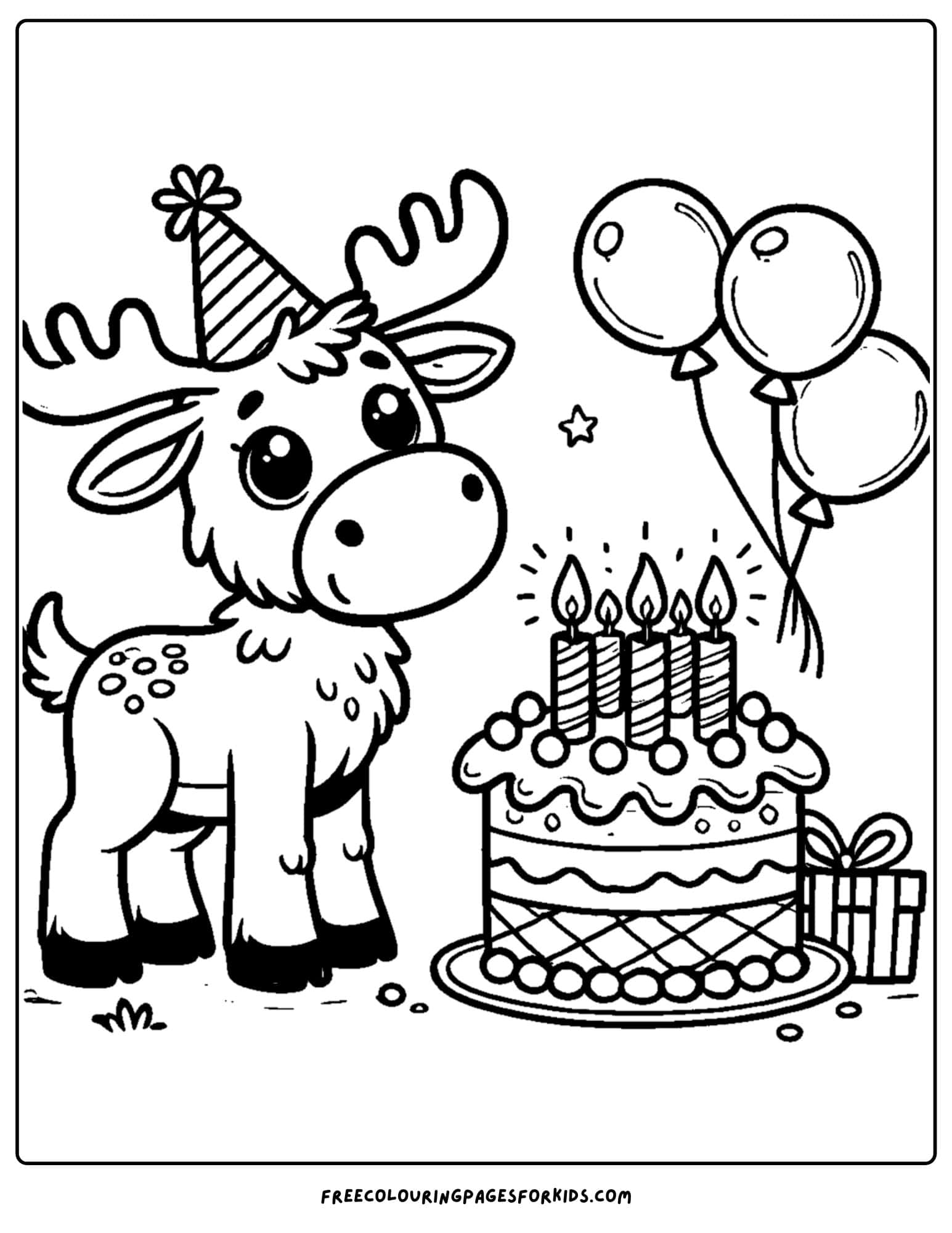 coloring page of a moose with a birthday cake