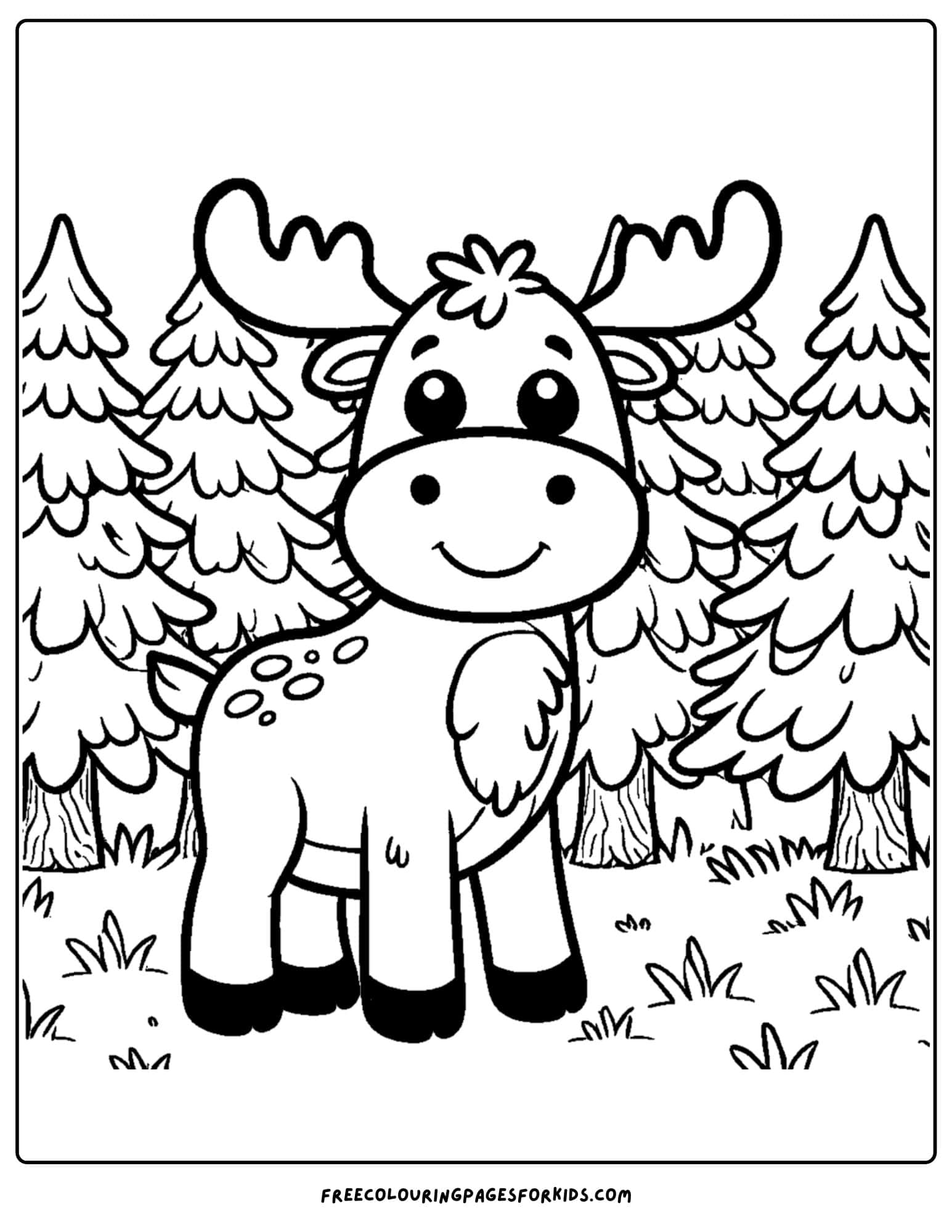 coloring page of a moose standing amongst the pine trees