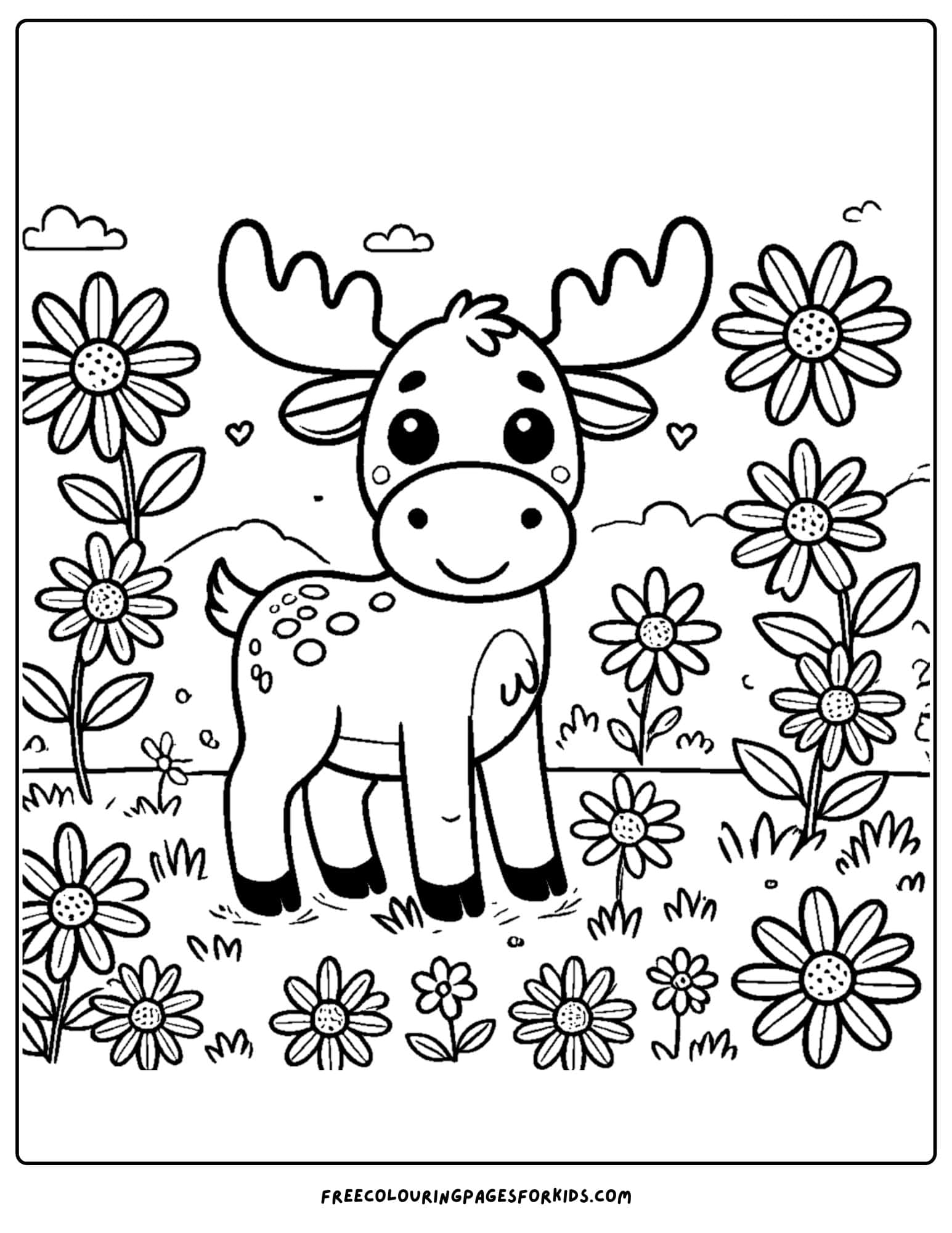 coloring page of a moose in a meadow of flowers