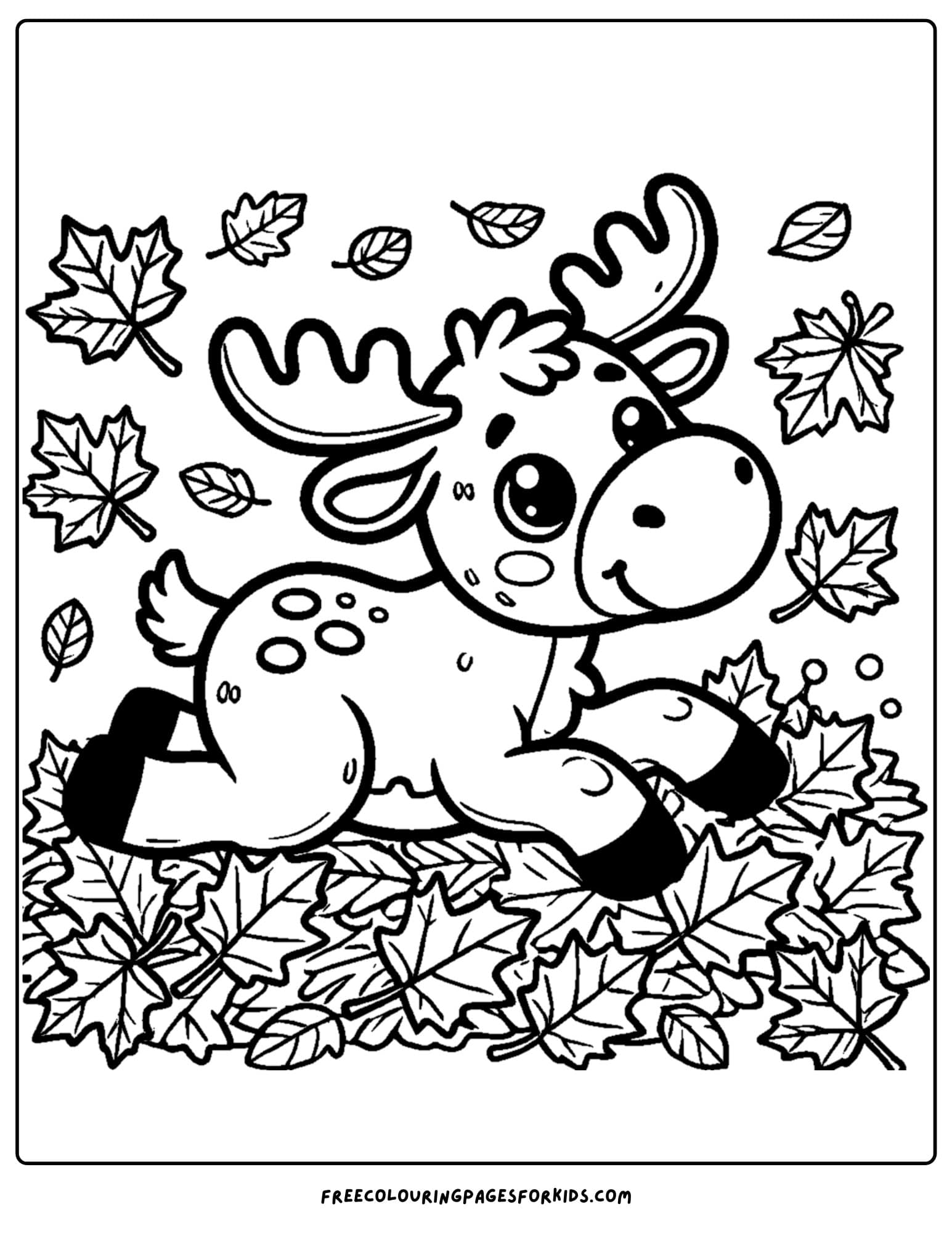 coloring page of a moose jumping in leaves