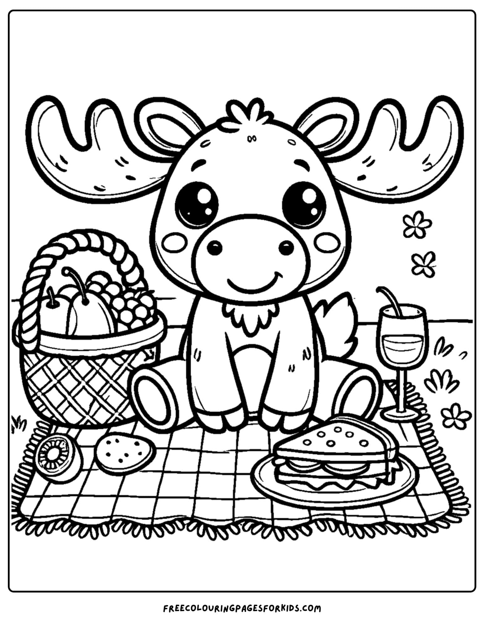 coloring page of a moose having a picnic