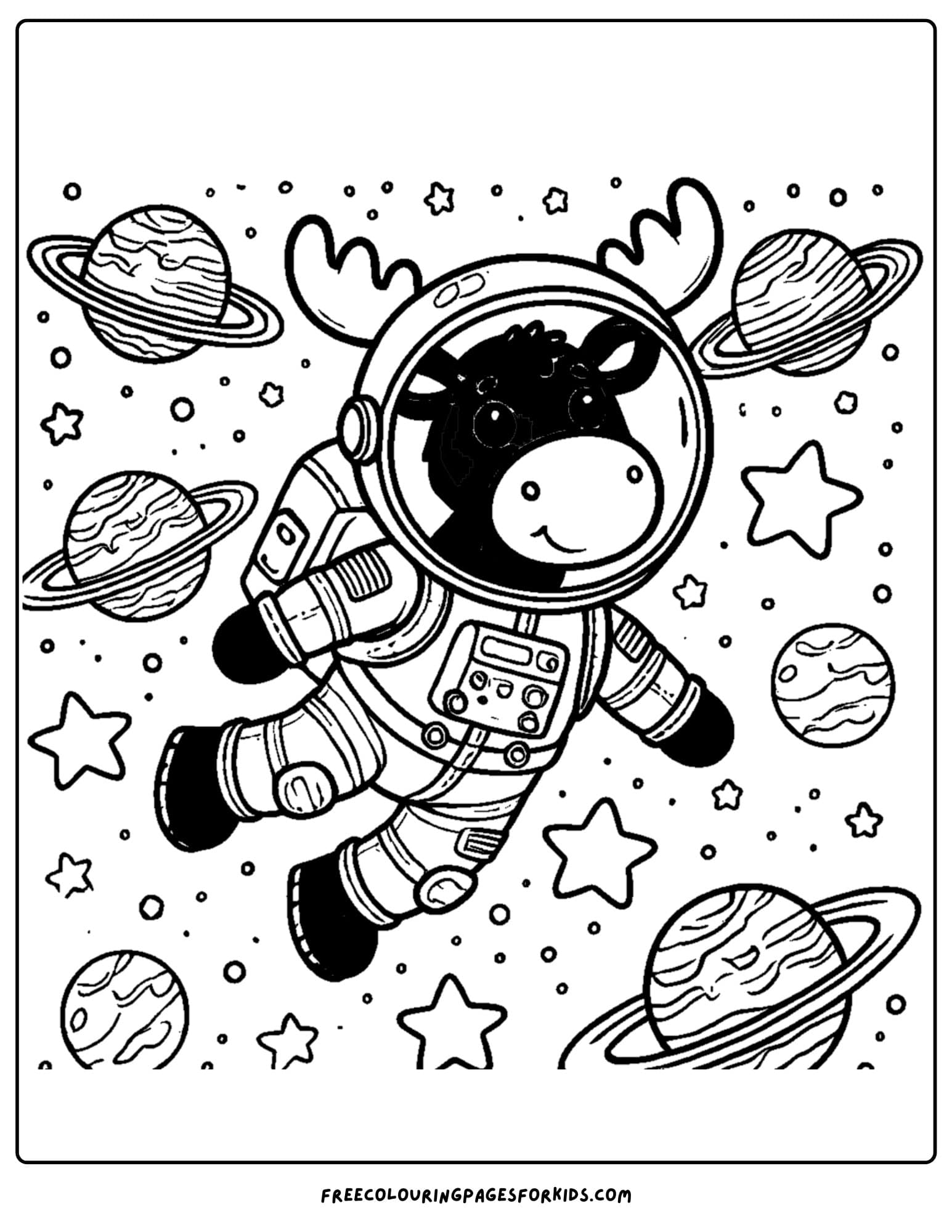 coloring page of a moose floating in space