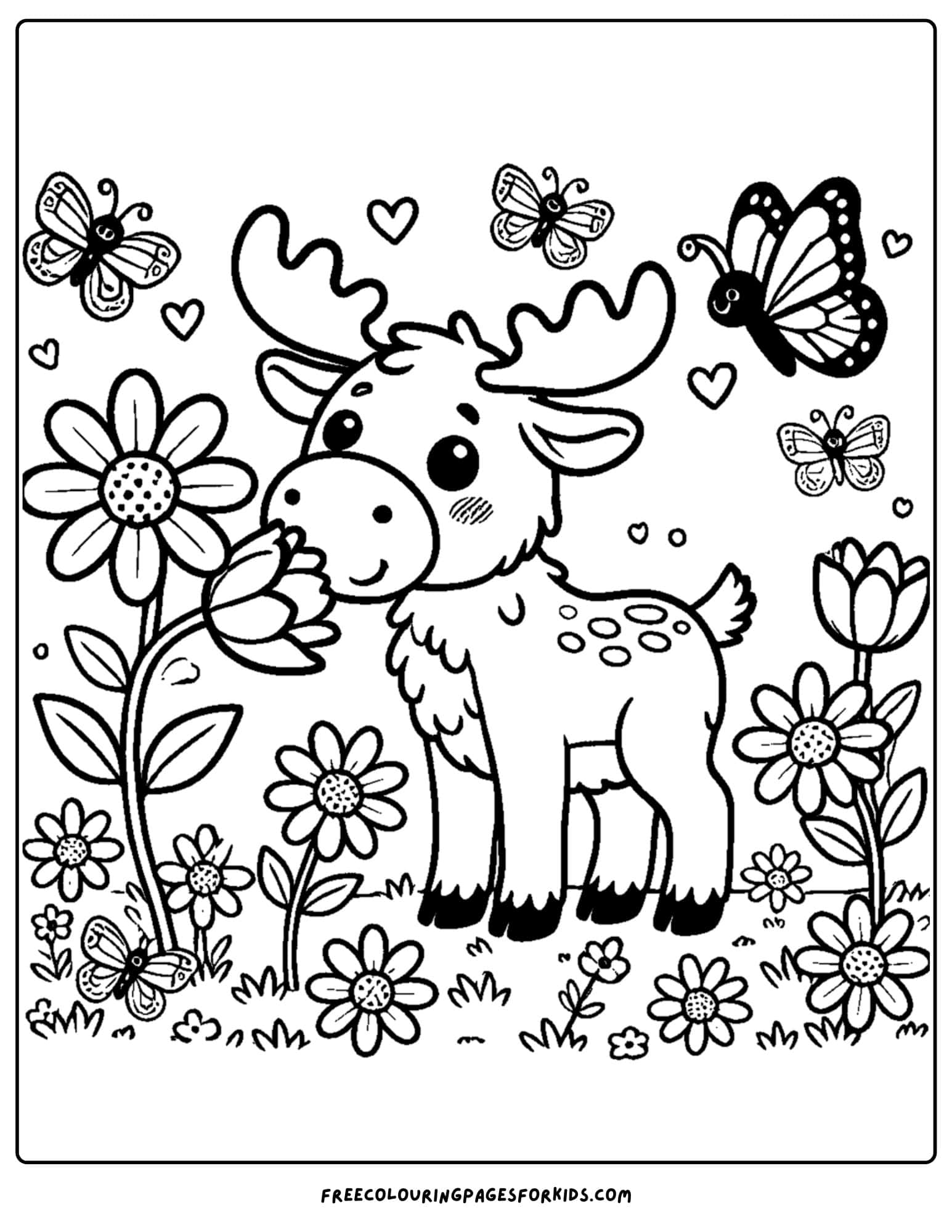 coloring page of a moose smelling the flowers