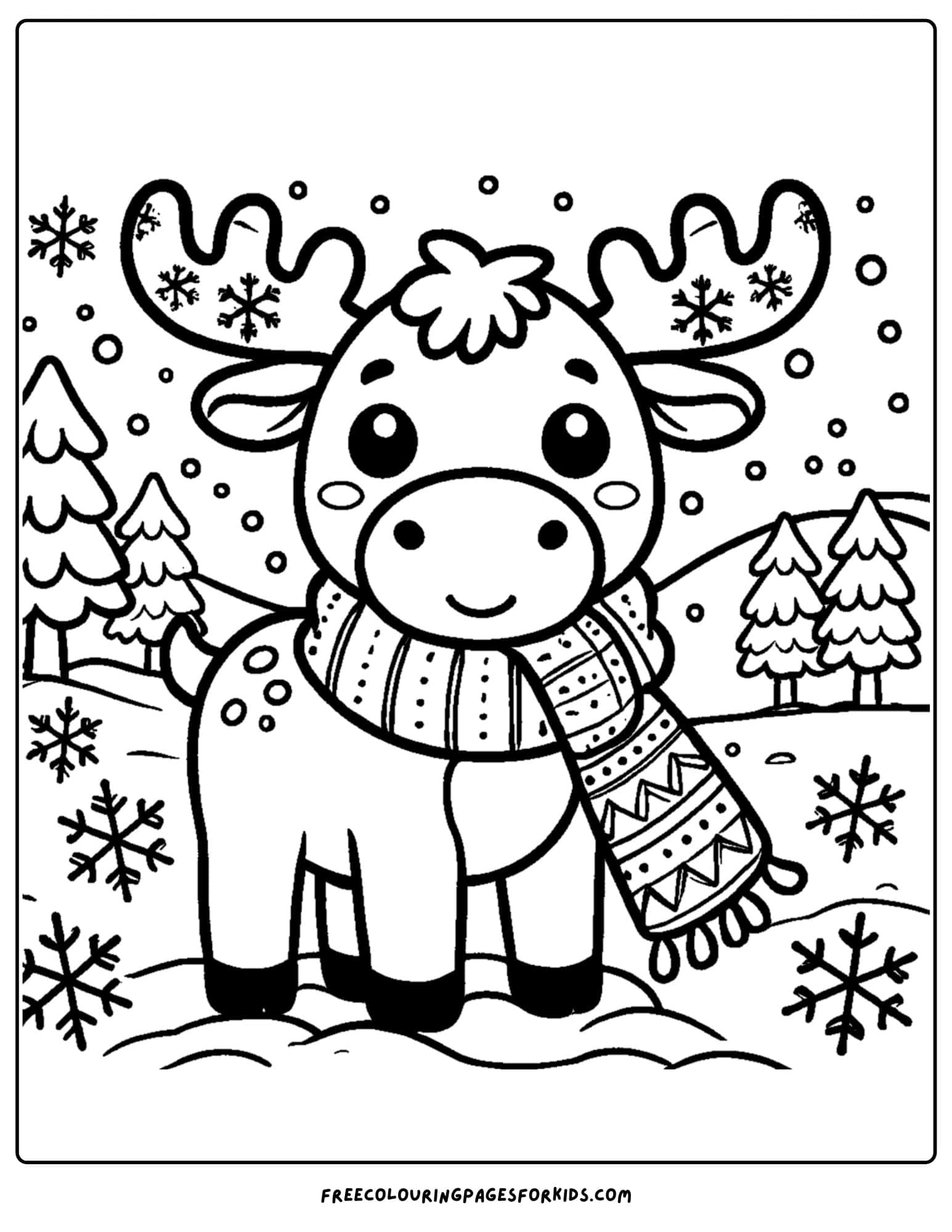 coloring page of a moose in the snow wearing a scarf