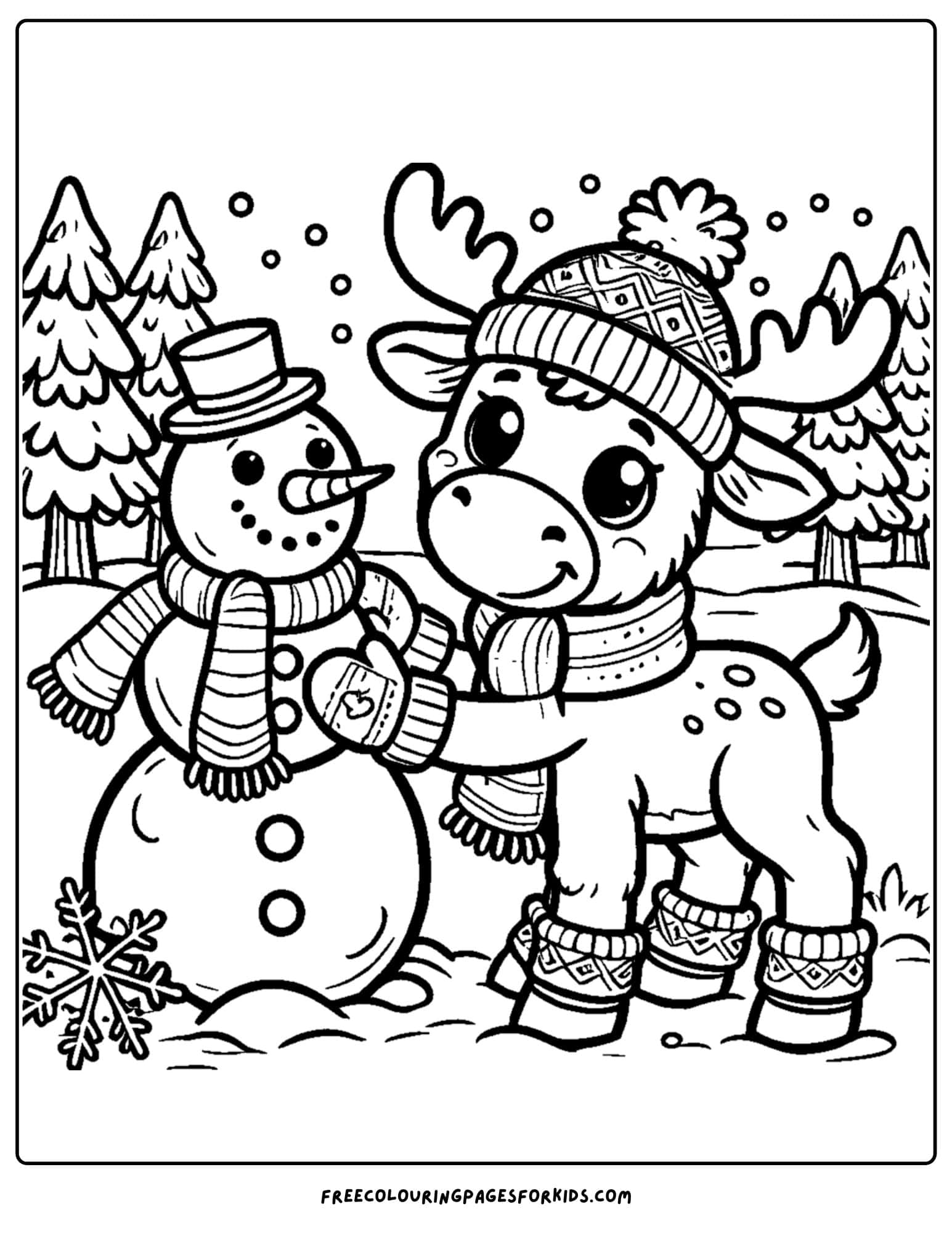 coloring page of a moose building a snowman