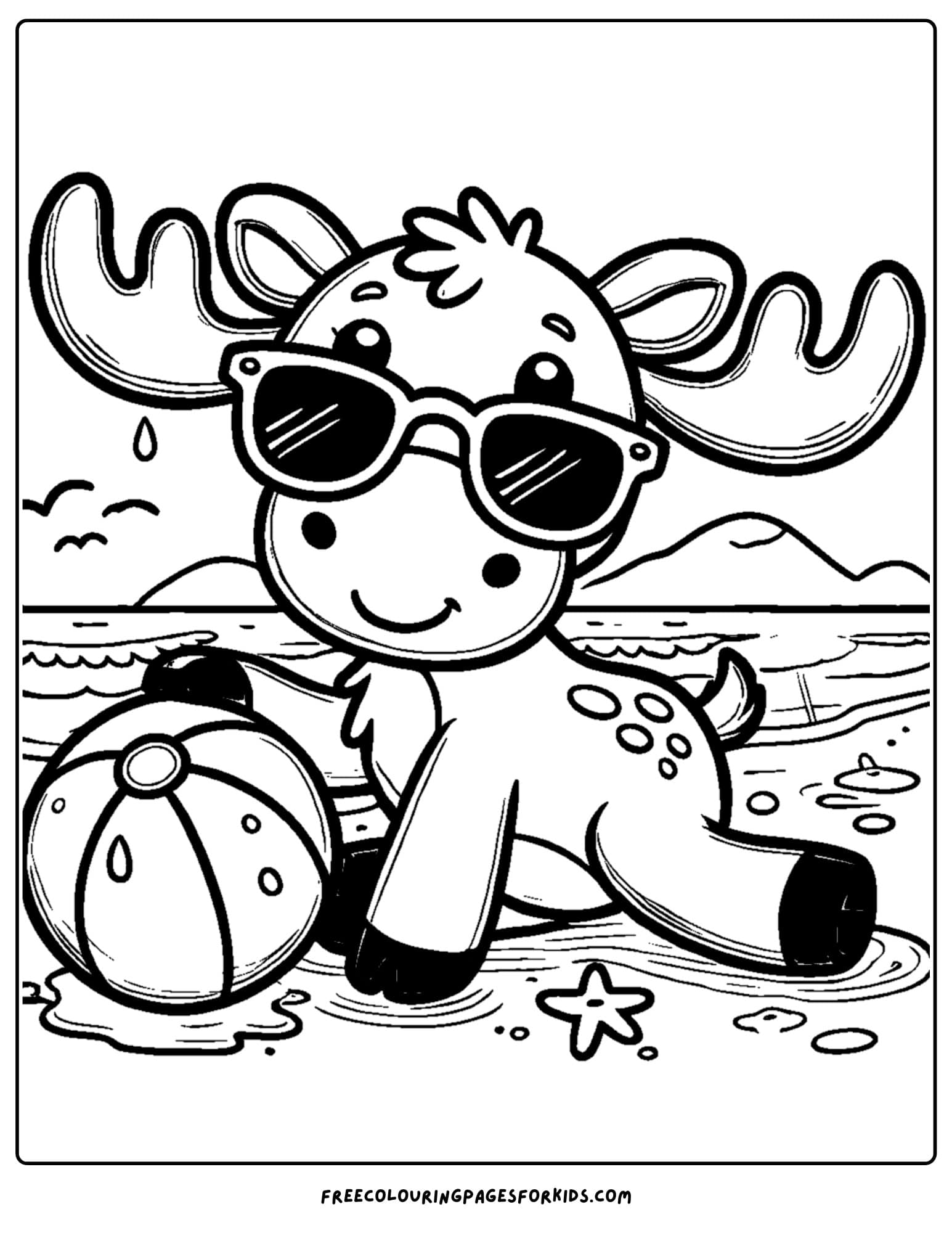 coloring page of a moose playing with a beach ball