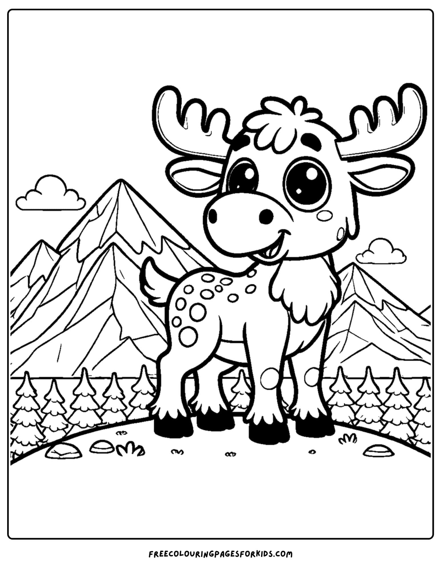 coloring page of a moose standing on a mountain