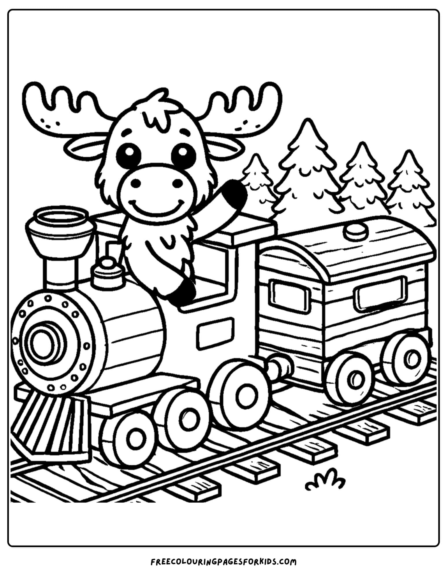 coloring page of a moose driving a train