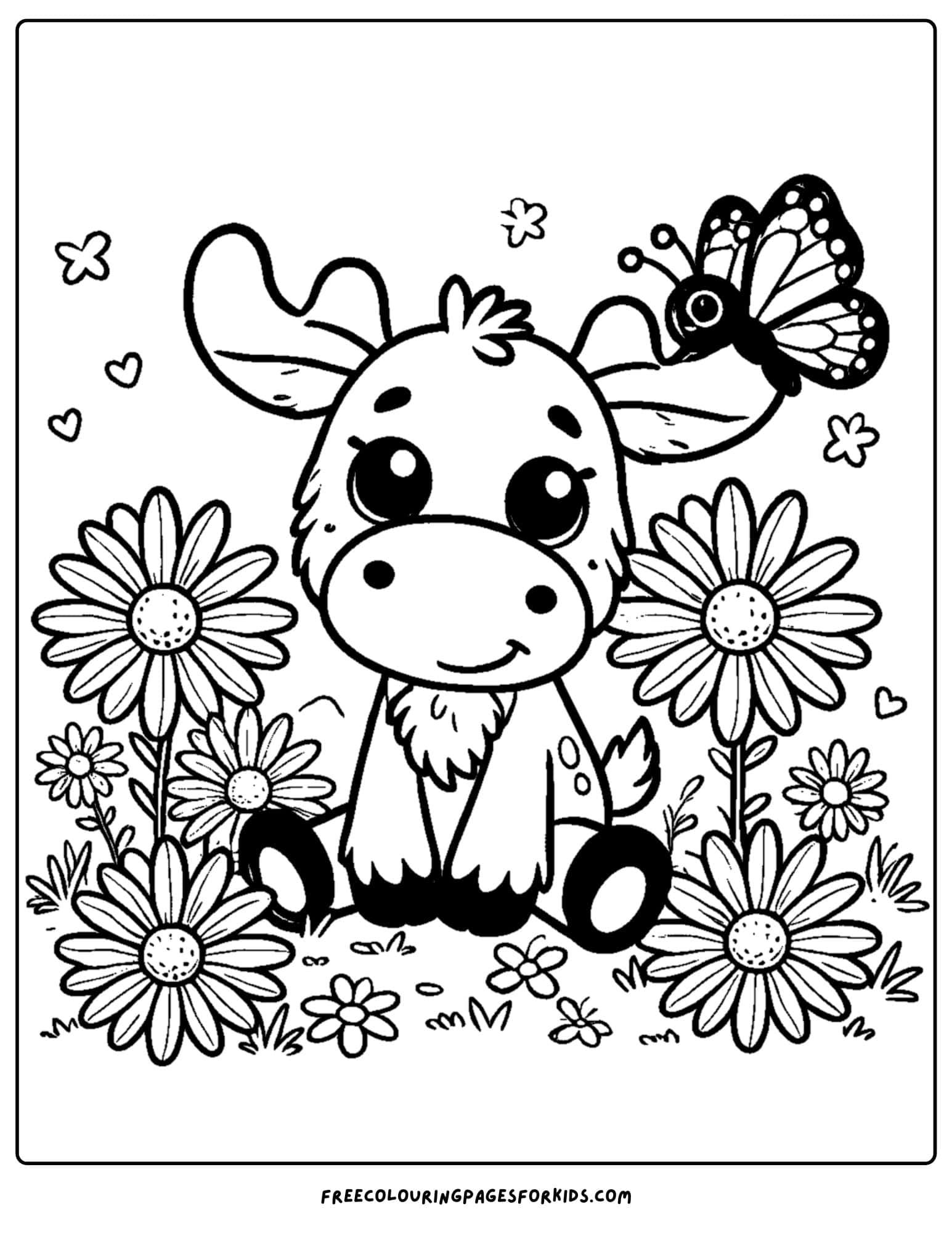 coloring page of a moose sitting amongst flowers and a butterfly