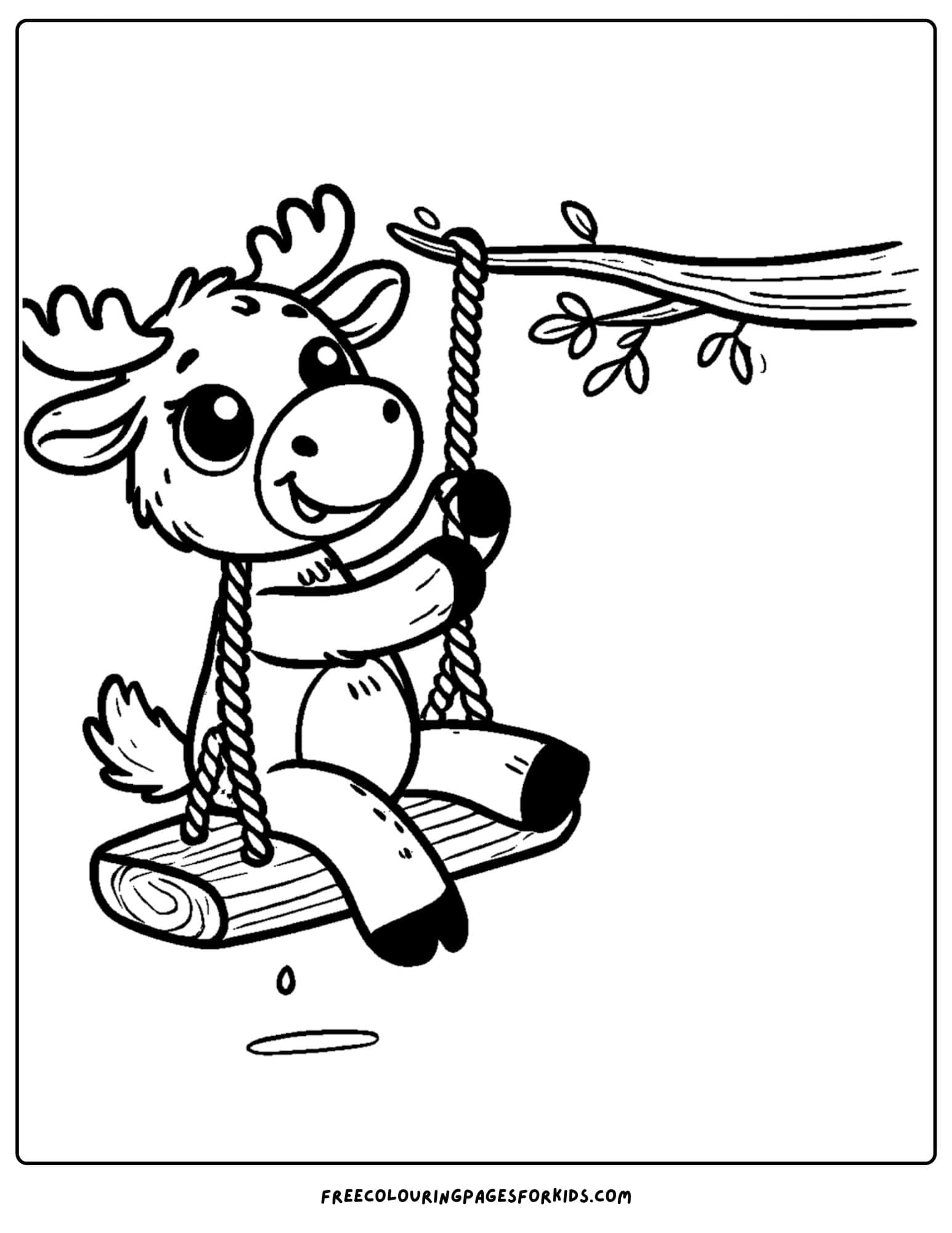 coloring page of a moose on a tree swing