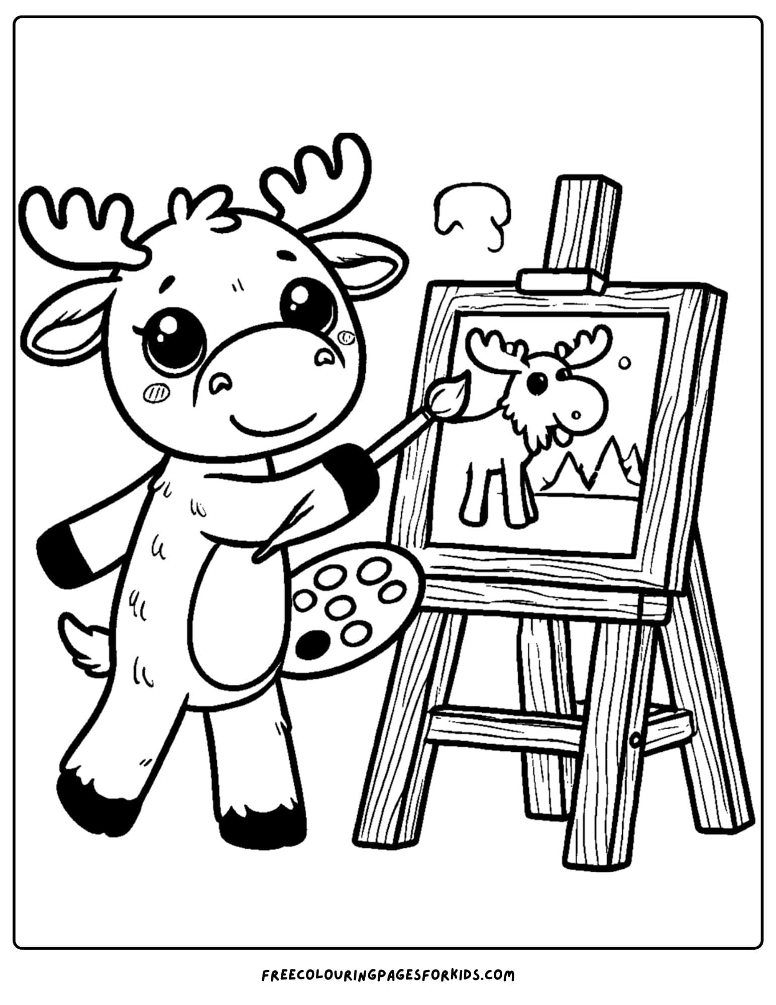 coloring page of a moose painting a picture