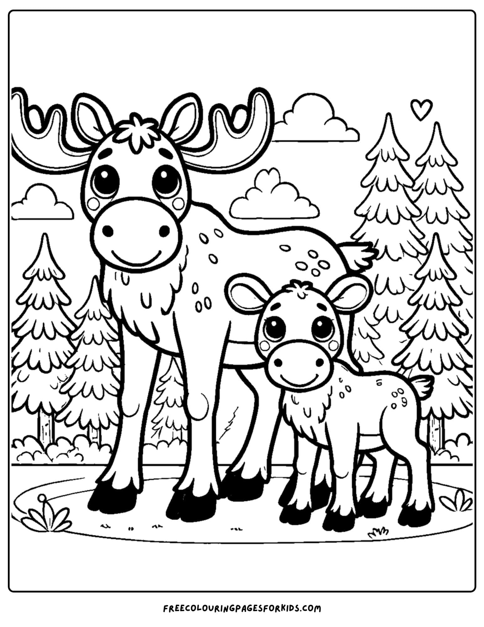 coloring page of a moose and a its baby calf standing next to each other