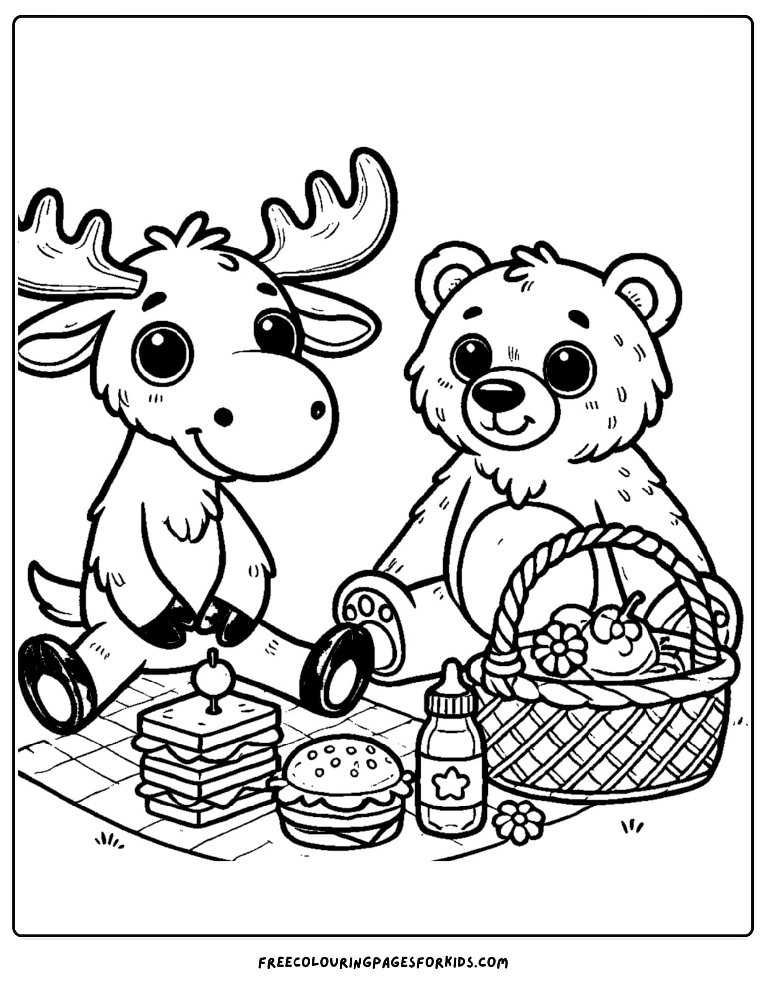 coloring page of a moose and a bear having a picnic