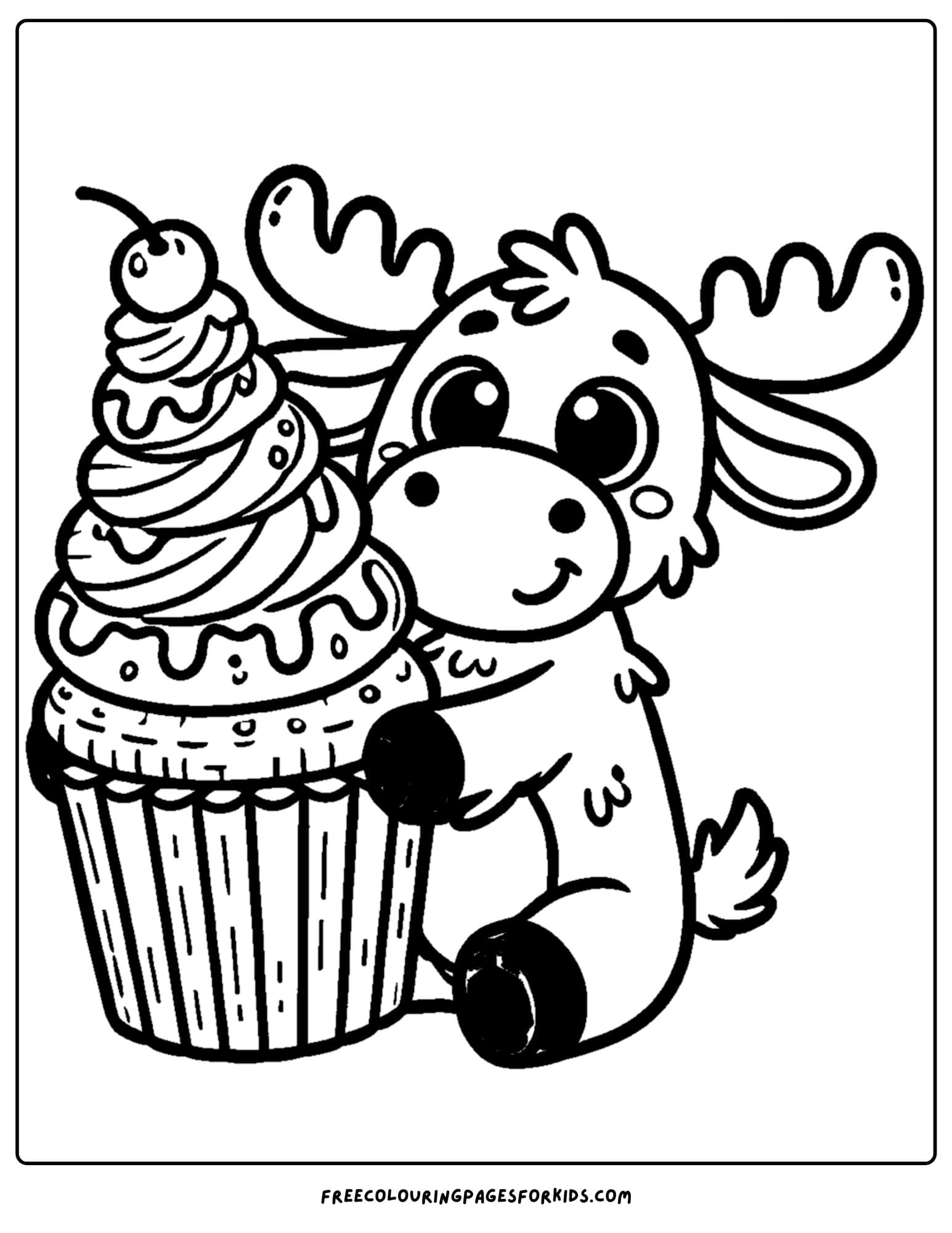 coloring page of a moose holding a big cupcake