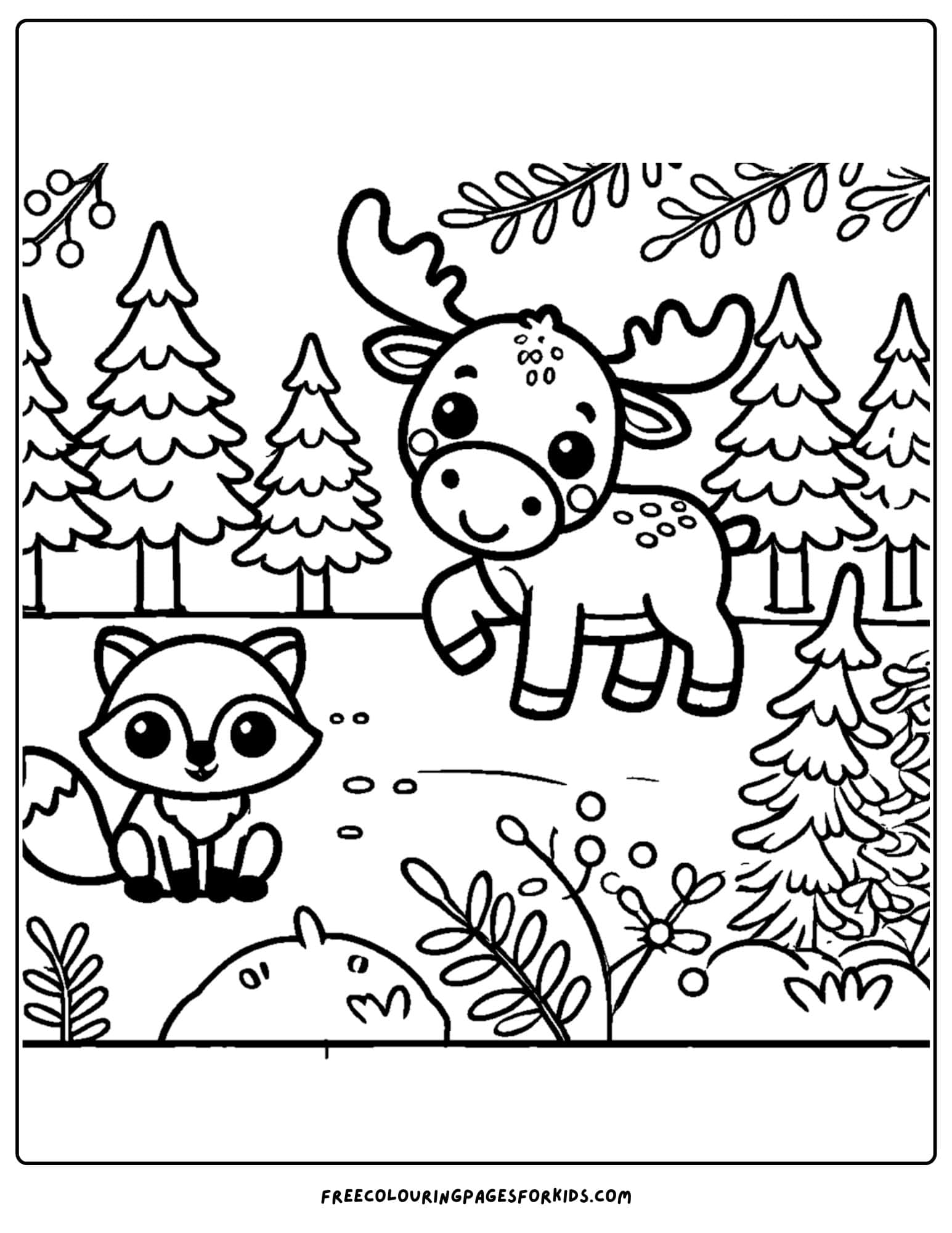 coloring page of a moose playing with a fox