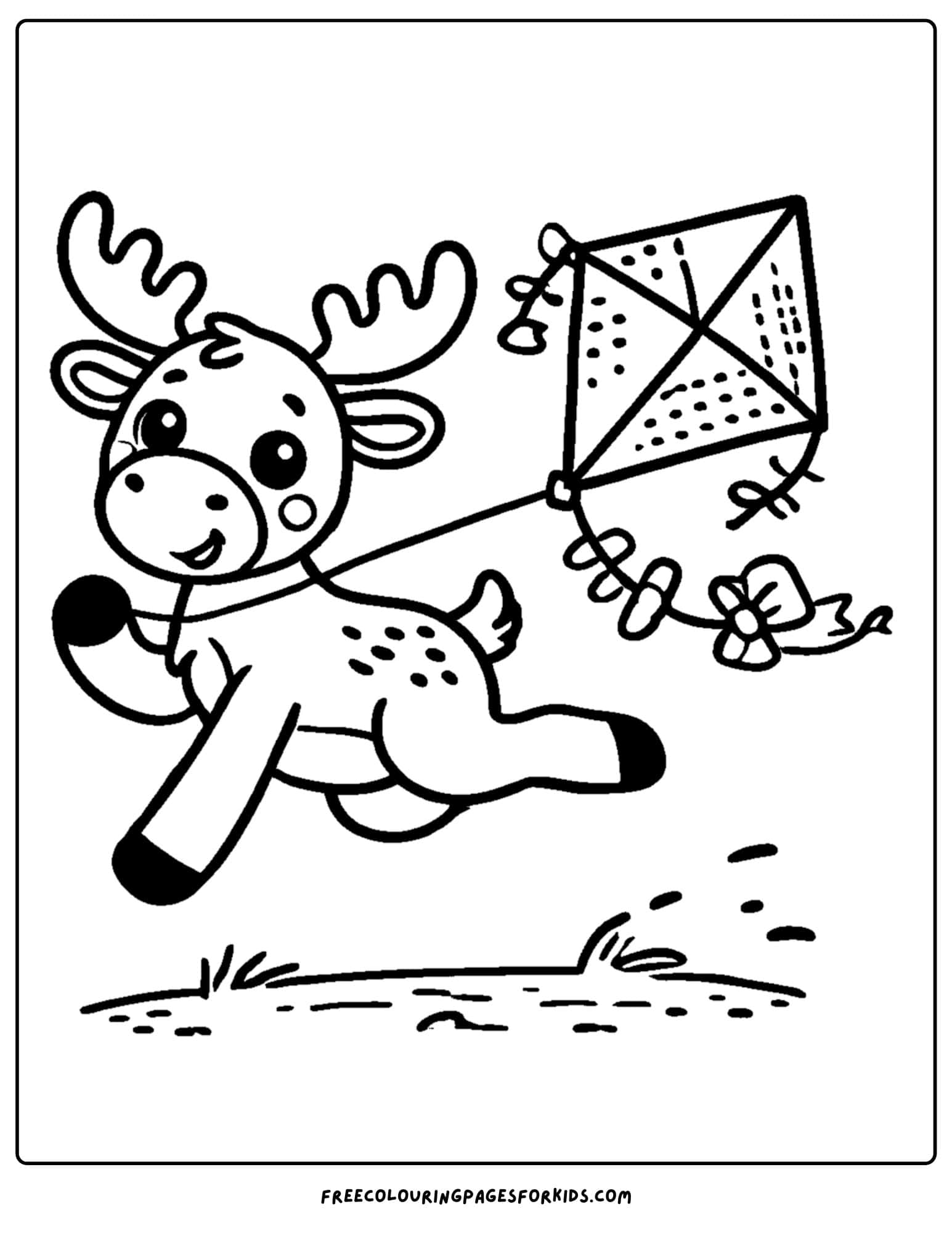 coloring page of a moose running with a kite