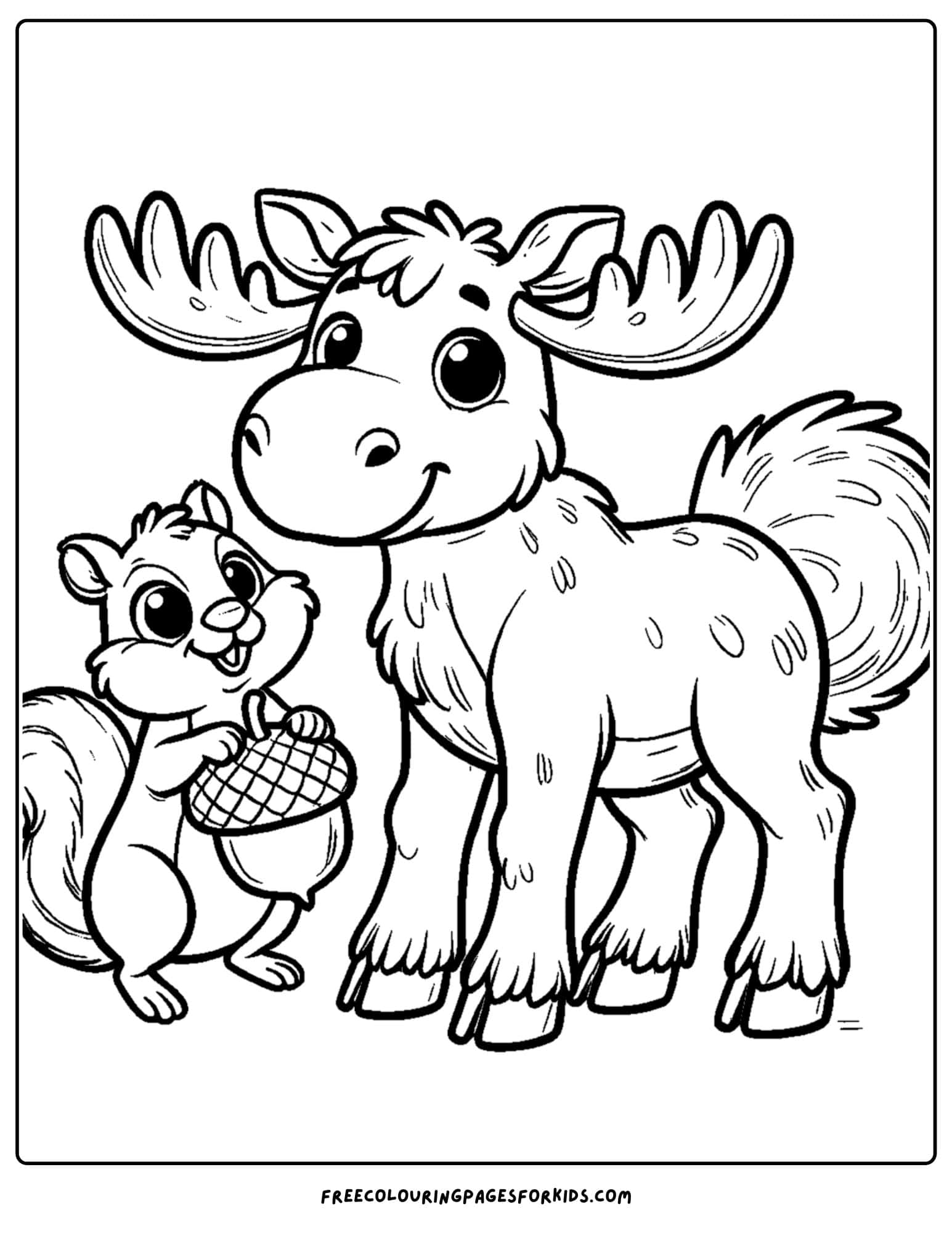 coloring page of a moose and a squirrel holding an acorn