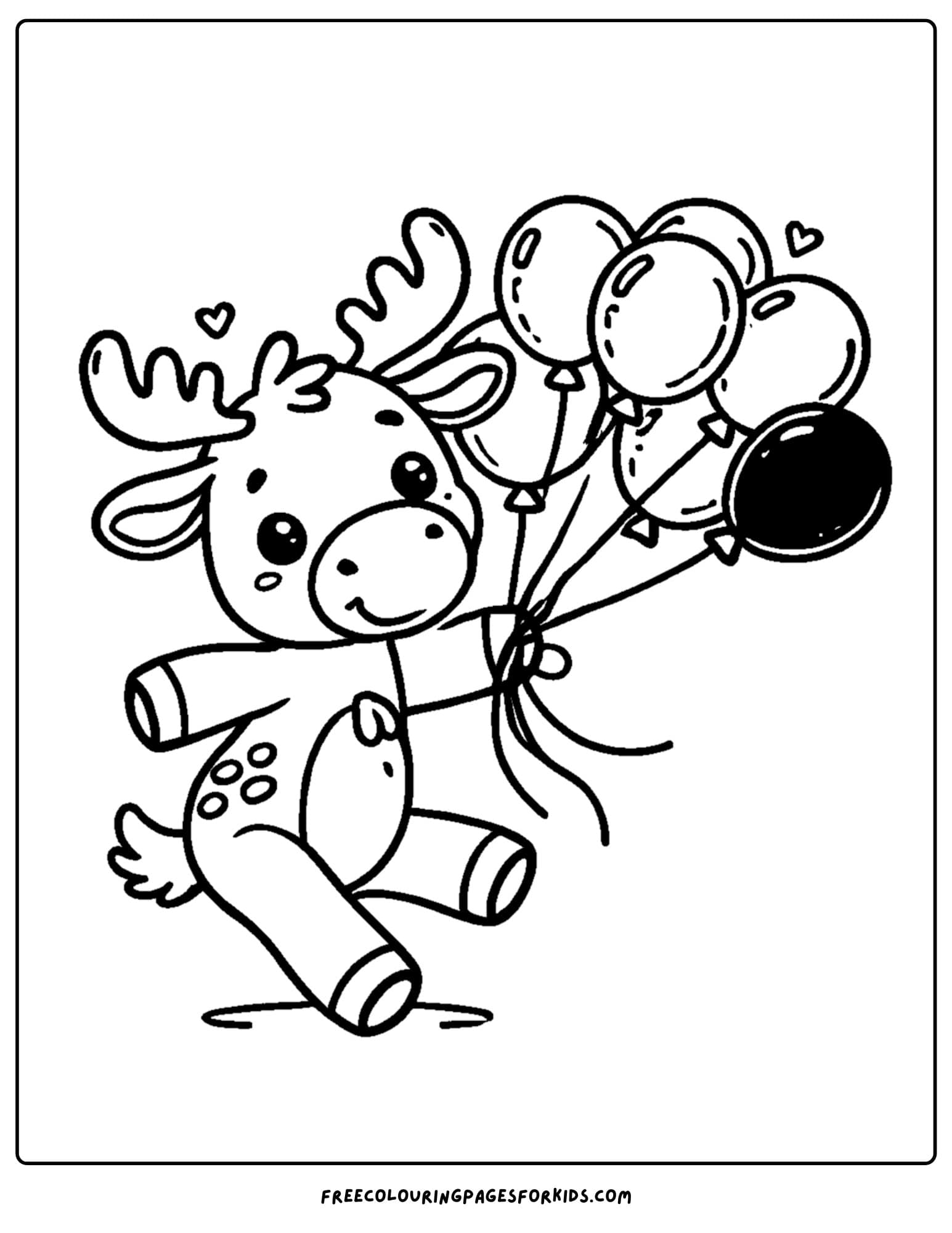 coloring page of a moose holding a bunch of balloons