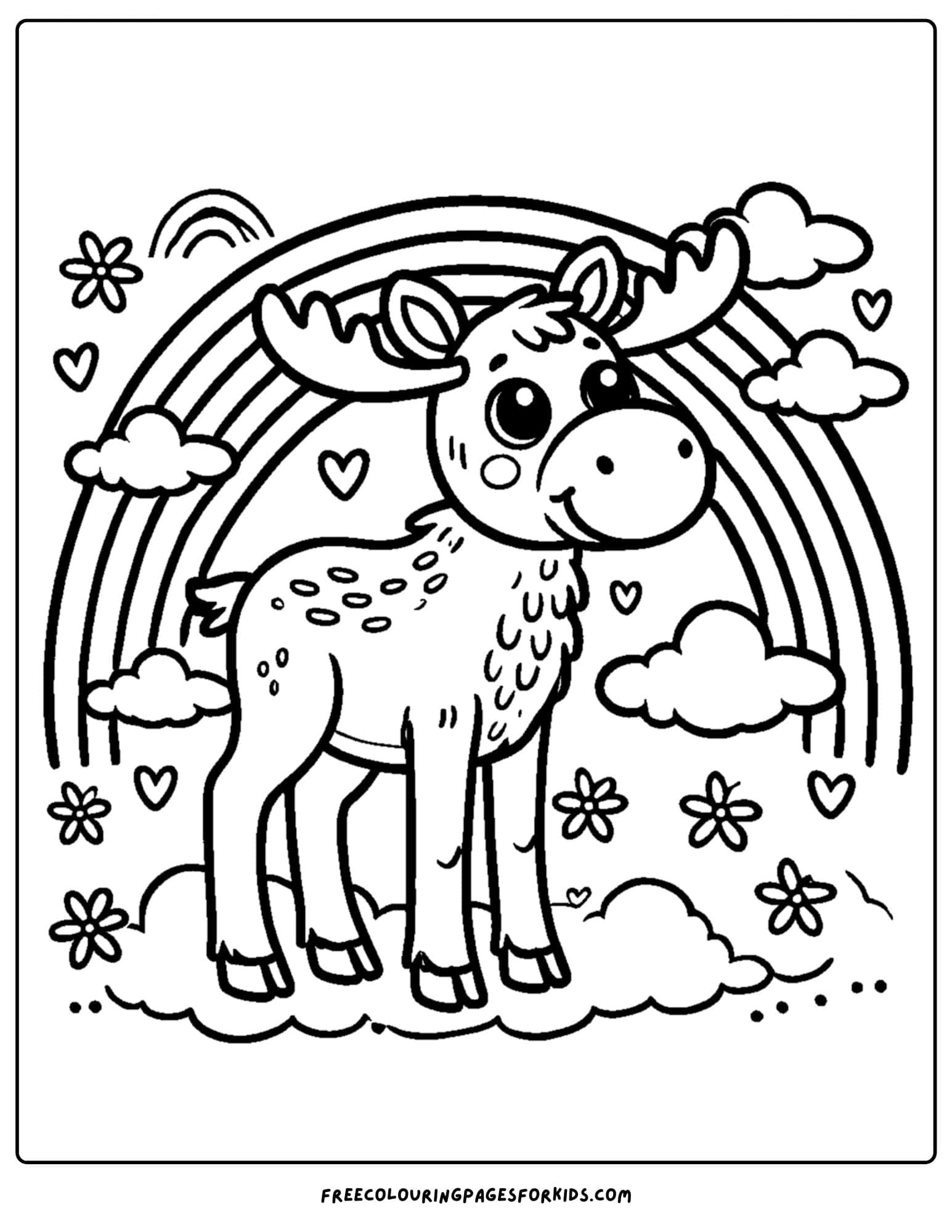 coloring page of a moose under a rainbow