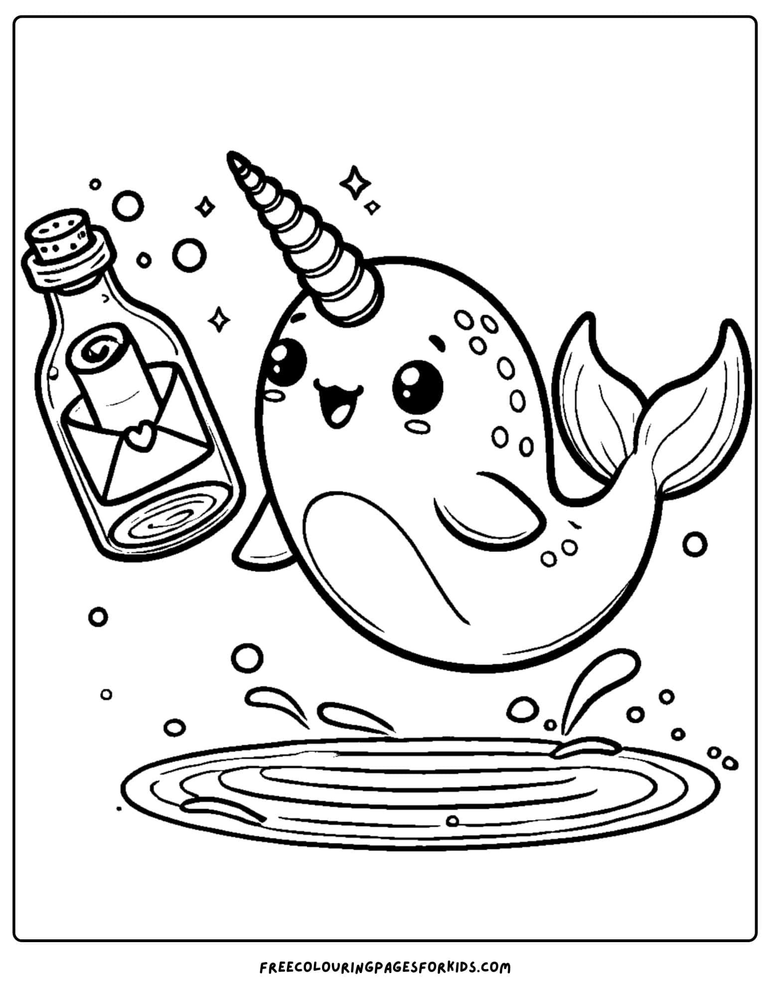 narwhal fining a message in a bottle coloring page