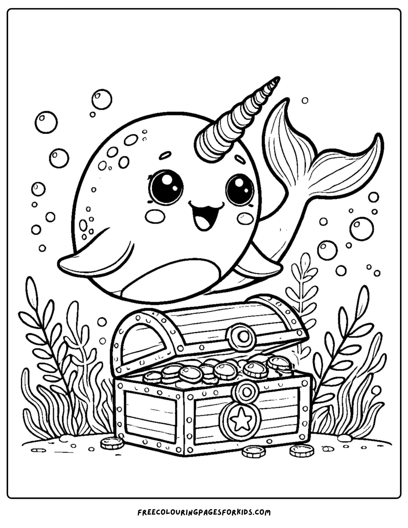 narwhal finding a treasure chest coloring page