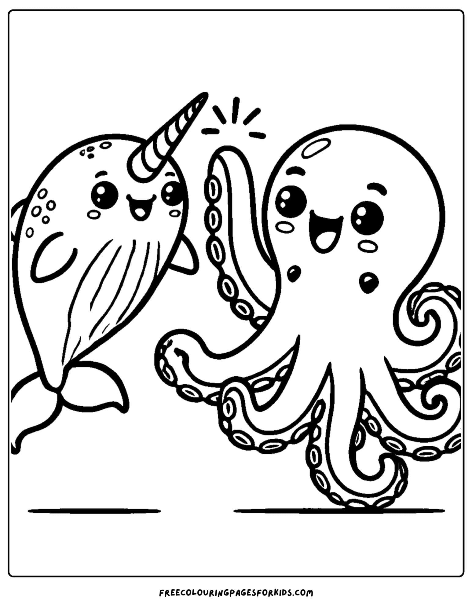 narwhal high fiving an octopus coloring page