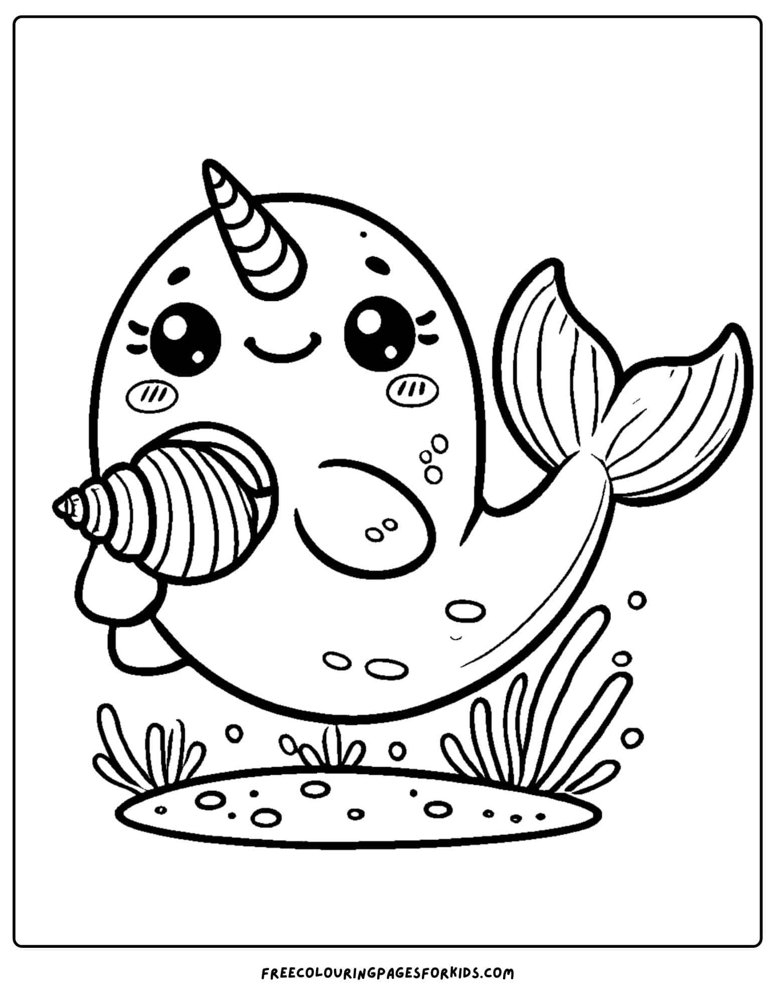 narwhal holding a shell coloring page