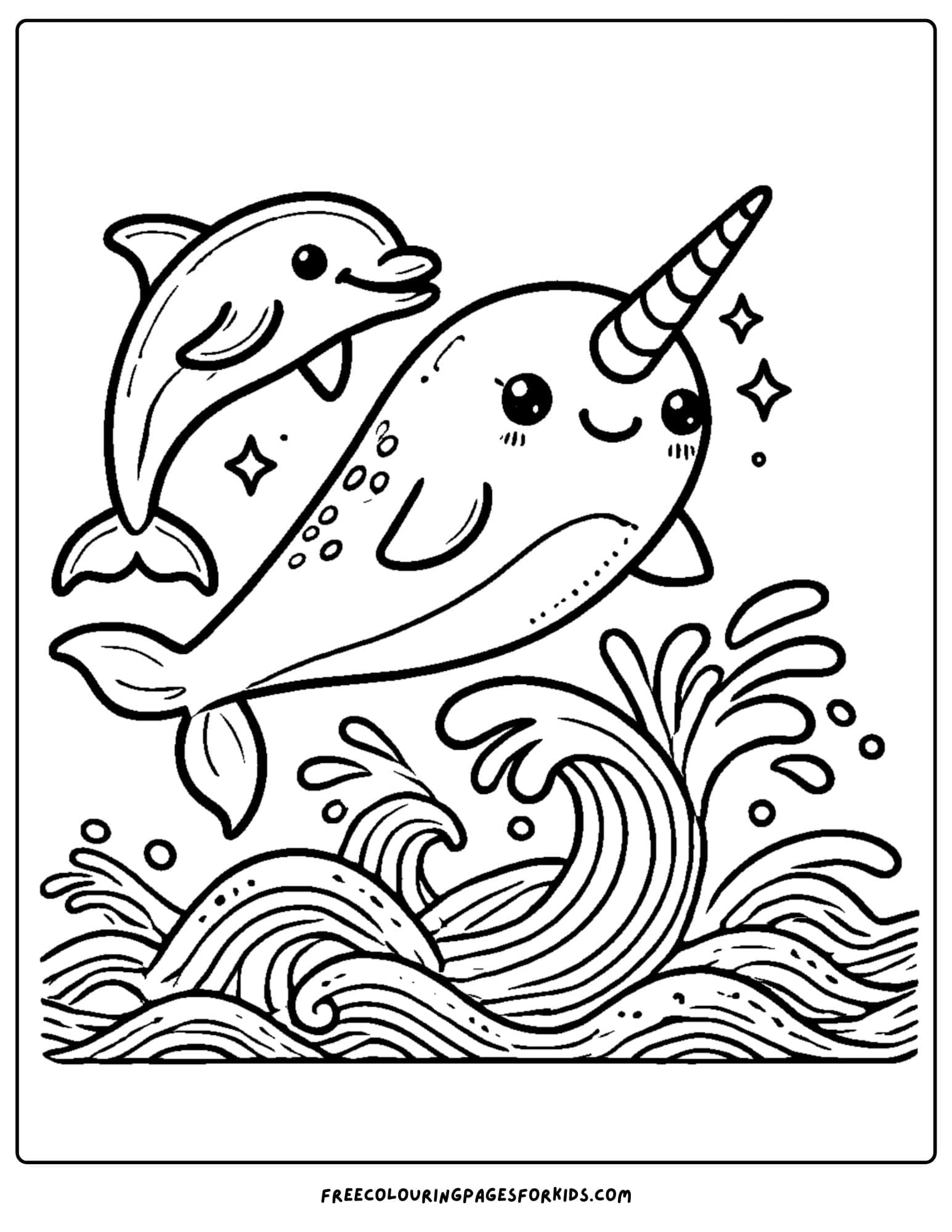 narwhal jumping with a dolphin coloring page